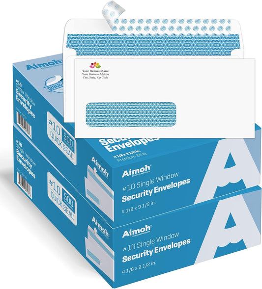 Aimoh #10 Custom Printed Single Left Window Self Seal Security Envelopes, Text and Logo Customization, Self Sealing Closure, Security Tinted, Size 4-1/8 x 9-1/2 Inches, 24 LB, 1000 Count (72352-1000)
