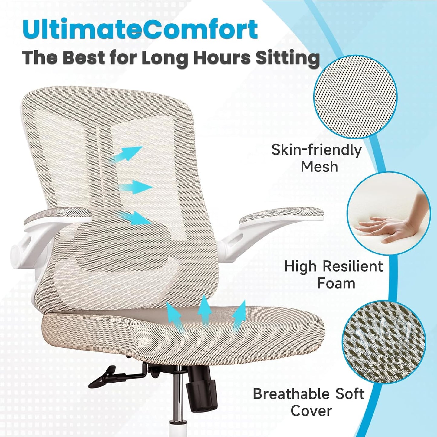 Mesh Office Computer Desk Managerial Executive Chair, Ergonomic High Back Comfy Swivel Gaming Home Chairs with Wheels, Comfortable Lumbar Support, Comfy Arms for Study,Home,Bedroom（Khaki）