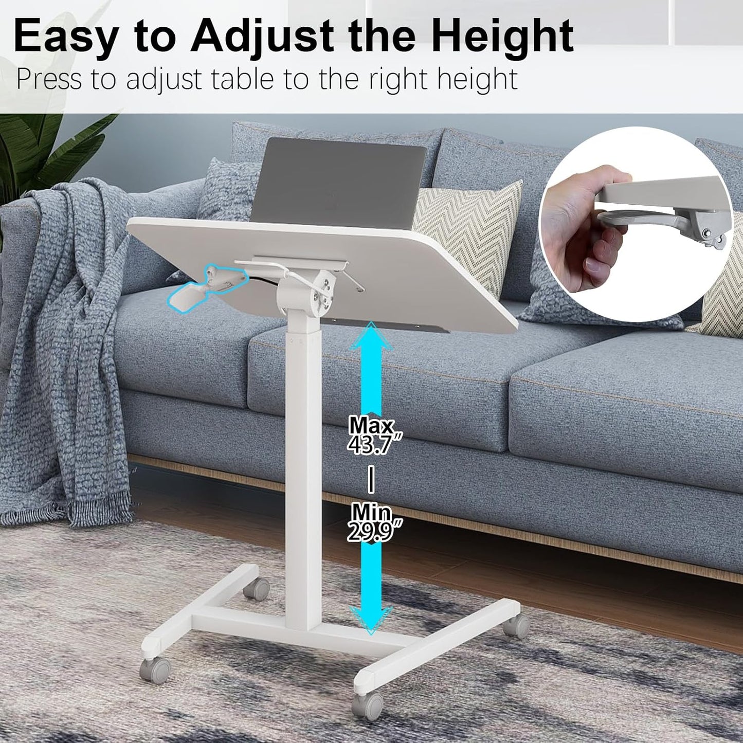 PUNCIA 90°Tiltable Small Standing Desk with Stoppers Mobile Rolling Laptop Table on Wheels Pneumatic Adjustable Height Computer Workstation Stand Up Cart Bedside Overbed Table for Home Office White