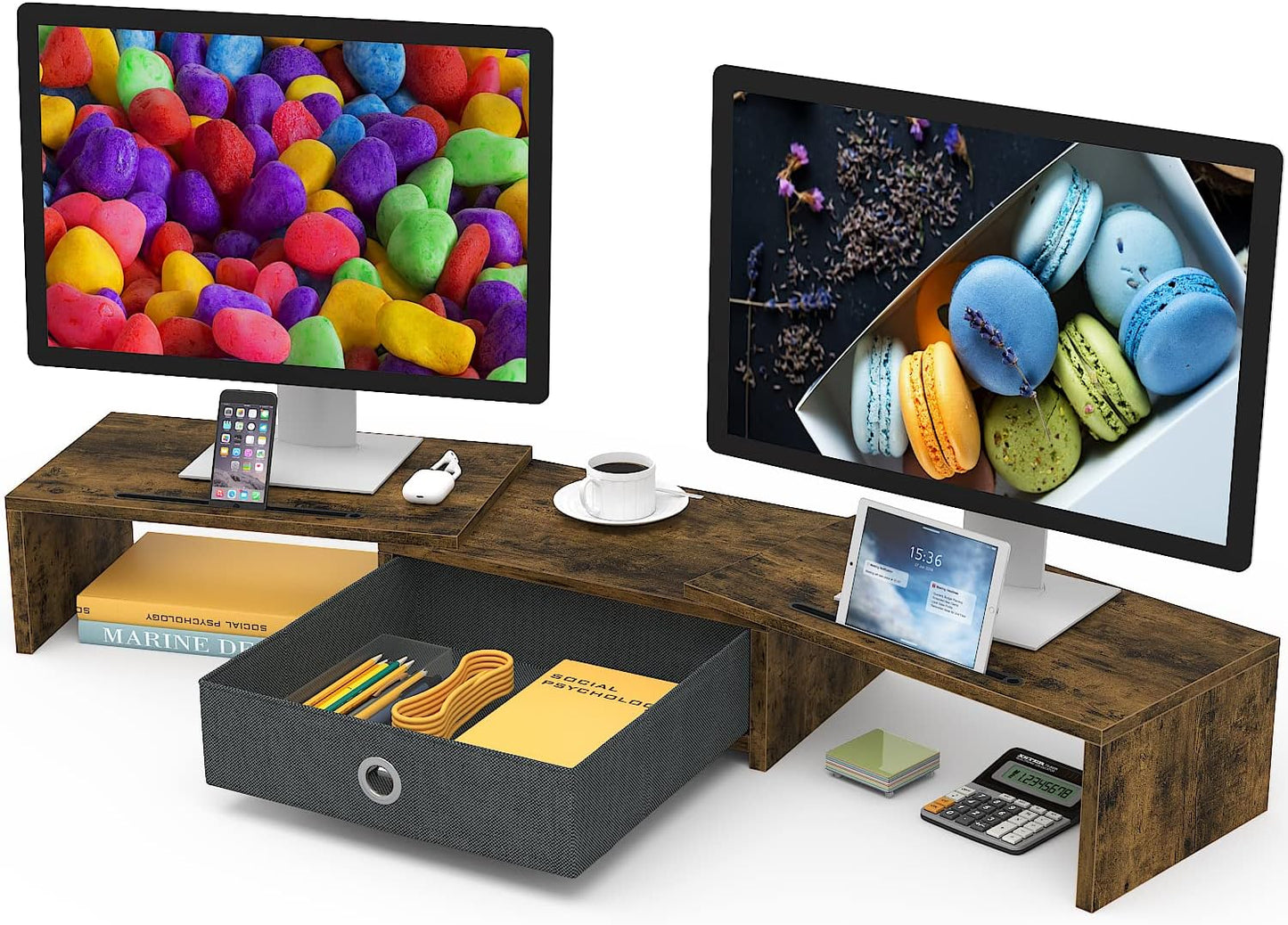 WESTREE Dual Monitor Stand Riser with Drawer, 3 Shelf Computer Monitor Riser with Adjustable Length and Angle, Desktop Monitor Stand Riser Storage Organizer for 2 Monitors