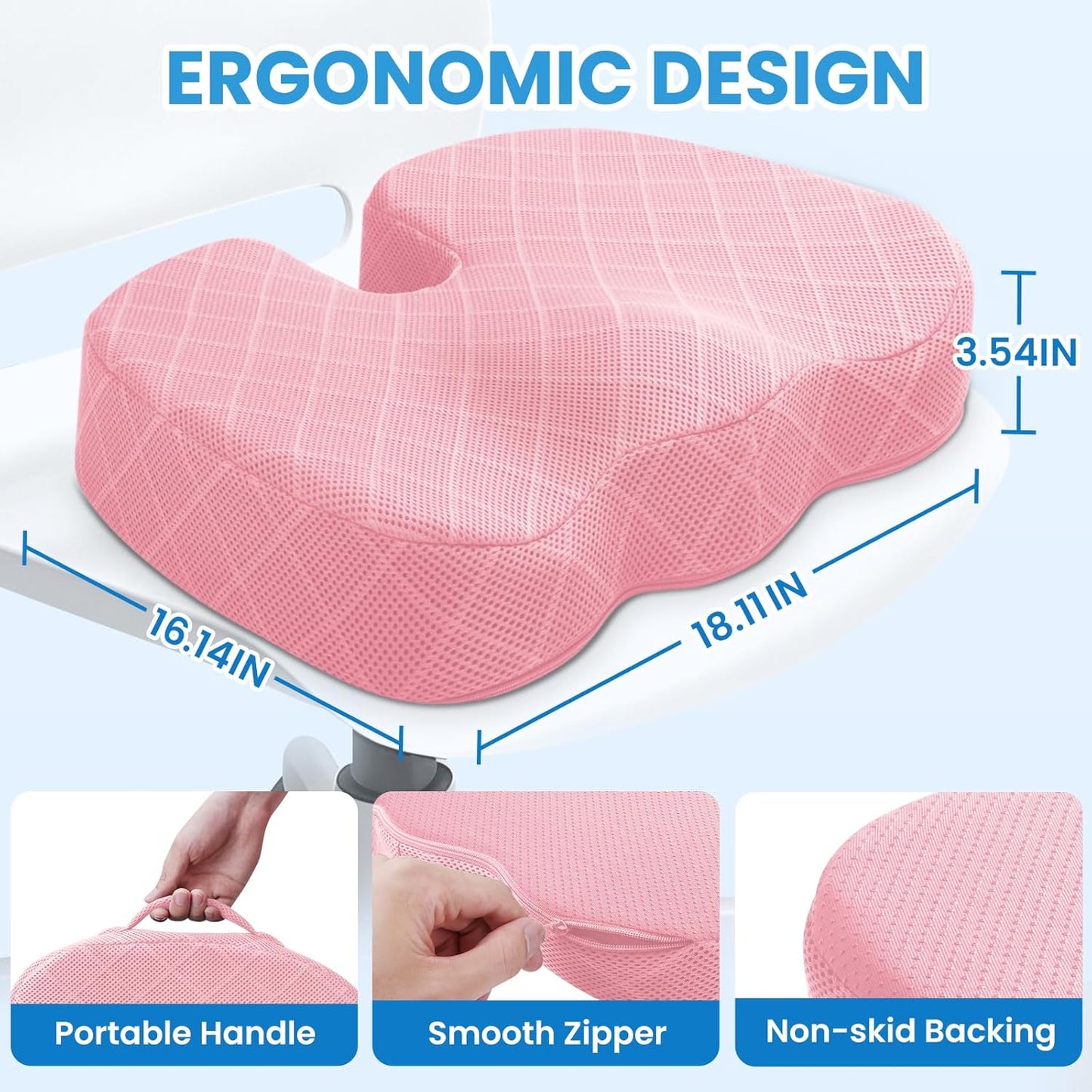 TushGuard Office/Car Seat Cushion, Non-Slip Sciatica & Back Coccyx Tailbone Pain Relief Chair Pad, Memory Foam Butt Pillow for Computer Desk, Wheelchair, Driving (Pink, X-Large)
