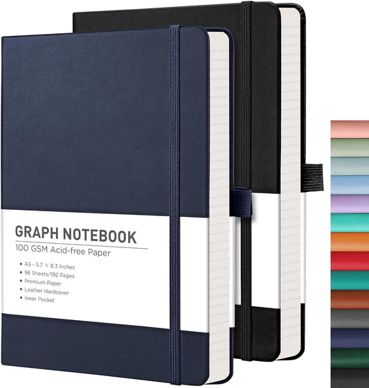 RETTACY Graph Grid Paper Notebook, 2-Pack, 192 Pages per Pack, A5 Medium Size (5.7'' x 8.3''), Leather Hardcover, 100 GSM Thick Paper, for School, Students, Math, Engineering (Black & Navy Blue)