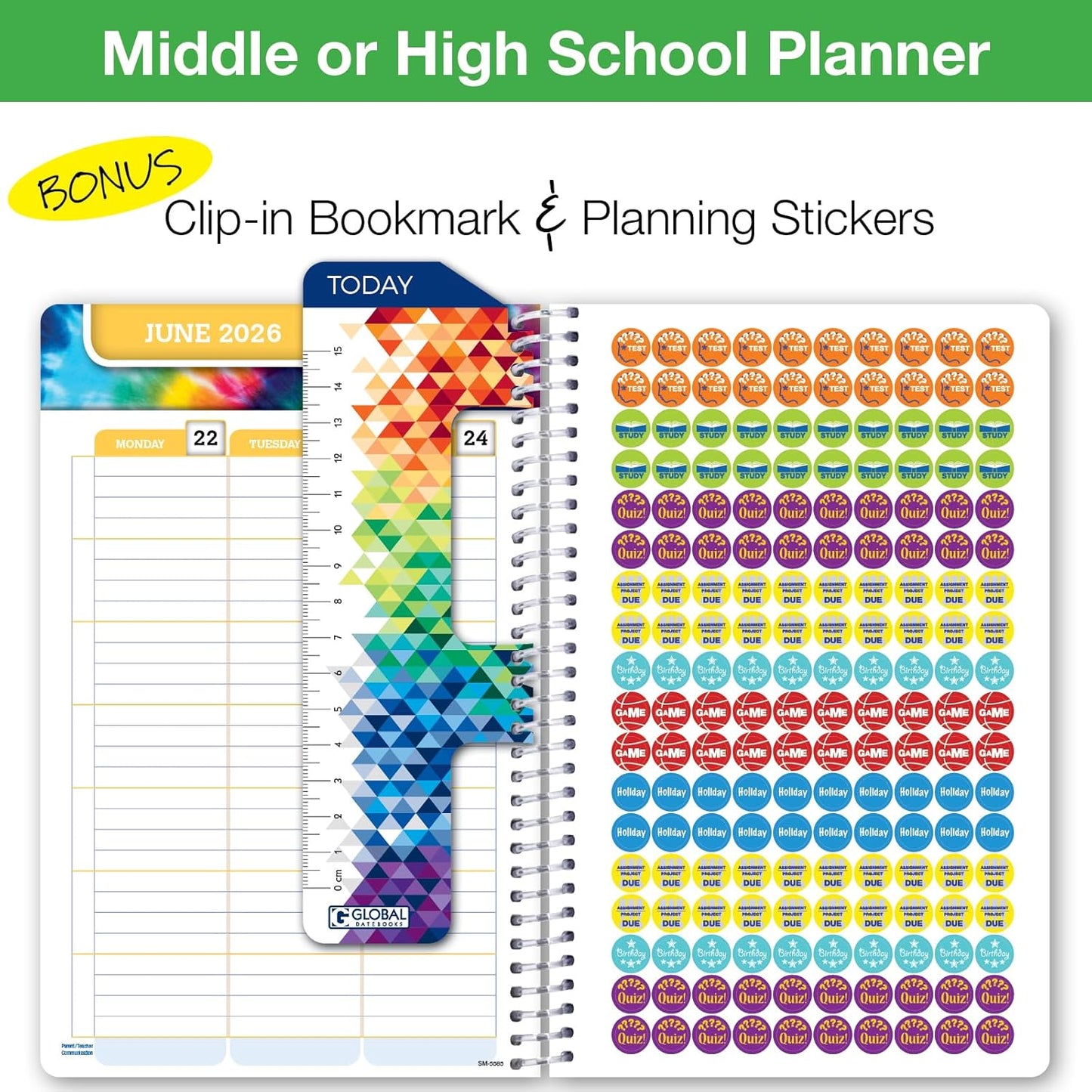 Global Datebooks Dated Middle School or High School Student Planner for Academic Year 2025-2026 Includes Ruler/Bookmark and Planning Stickers (Matrix Style - 5.5"x8.5" - Spectrum)