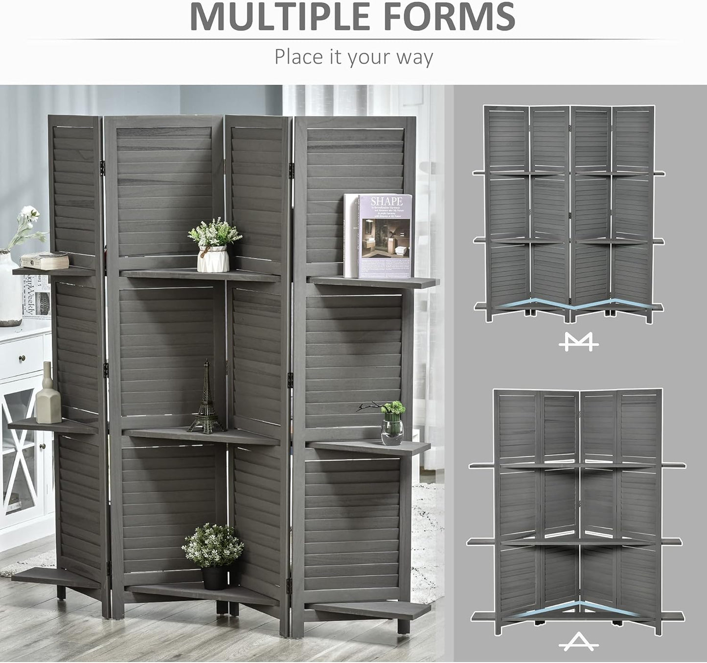 NicBex Room Divider 4 Panel Room Dividers with Storage Shelves Partition Room Dividers and Folding Privacy Screens 5.6 FT Wall Divider for Home, Office, Room Separation,63.75"W x 0.75"D x 67"H, Gray