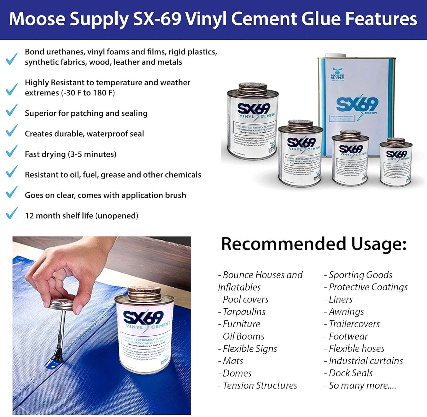 SX-69 Vinyl Repair Kit | Inflatable Bounce House Repair Kit | Includes 4 Ounce Adhesive and Vinyl Roll | for Flexible, Waterproof Repairs of Tears, Punctures, and Holes