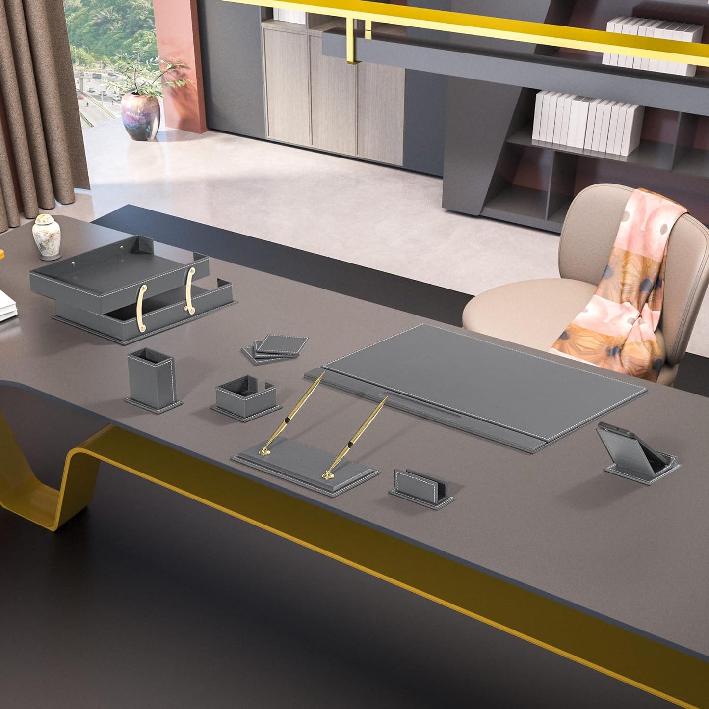 MOOGCO Bonded Set - Desk Accessories - Leather Desk Organizer - Bonded Leather Set - Office Desk Accessories - Home Office Accessories - Desk Supplies - Leather Desk Set - Office Accessories