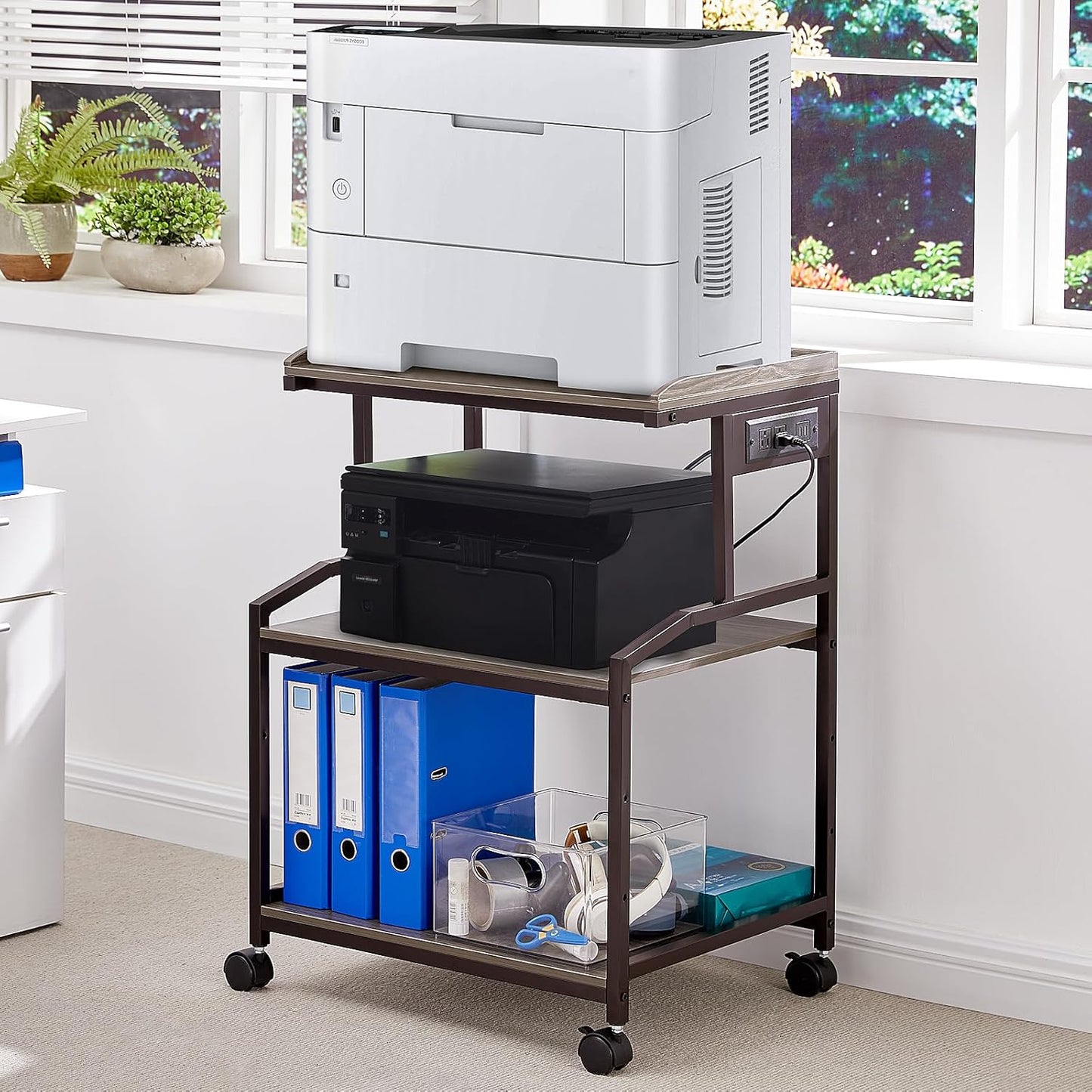 Lauren&Harold 34'' Printer Stand with Power Outlets & USB Ports, 3-Tier Adjustable Rolling Cart, Heavy Duty 150LBS Storage Table with Wheels for Office, Kitchen, Living Room, Grey/Bronze