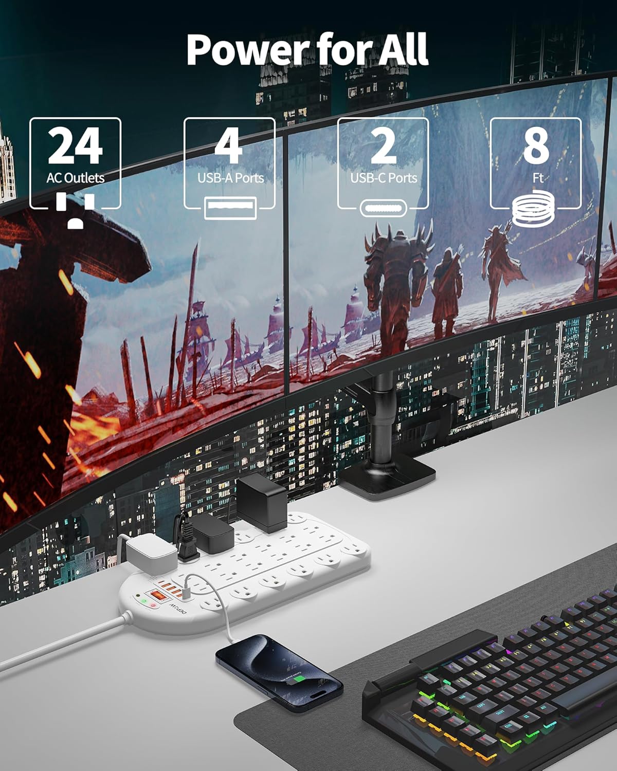 Power Strip Surge Protector (3,400 Joules), DEPOW 24 AC Multiple Outlets (1875W/15A) with 6 USBs (2 USB-C Ports), 8 Ft Long Heavy Duty Extension Cord, Flat Plug, Wall Mount for Home, Office, White