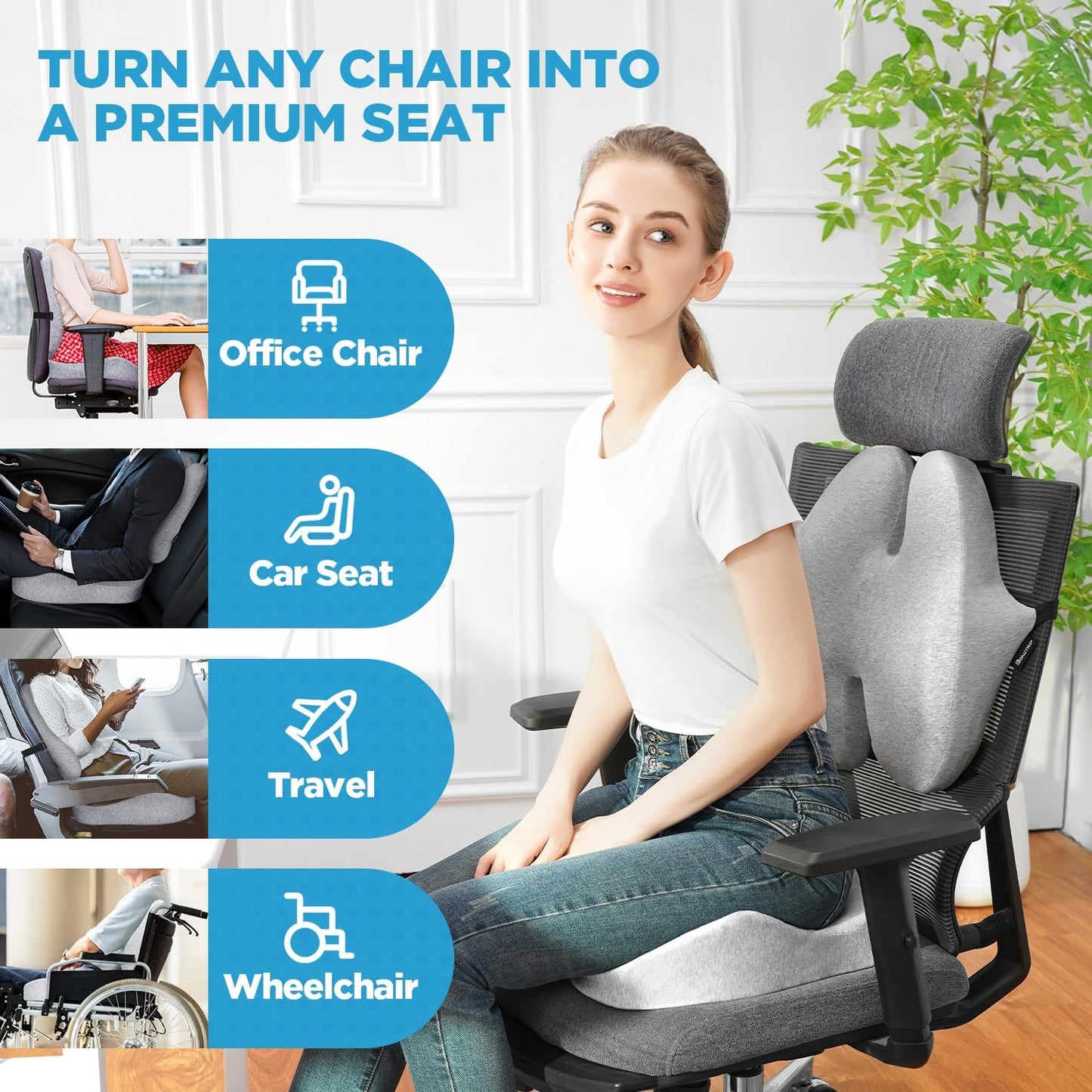 BEAUTRIP Seat Cushion & Lumbar Support Pillow for Office Chair, Car & Wheelchair - Ergonomic Coccyx Cushion for Tailbone, Sciatica & Back Pain Relief - Extra-Dense Charcoal Memory Foam Chair Cushions