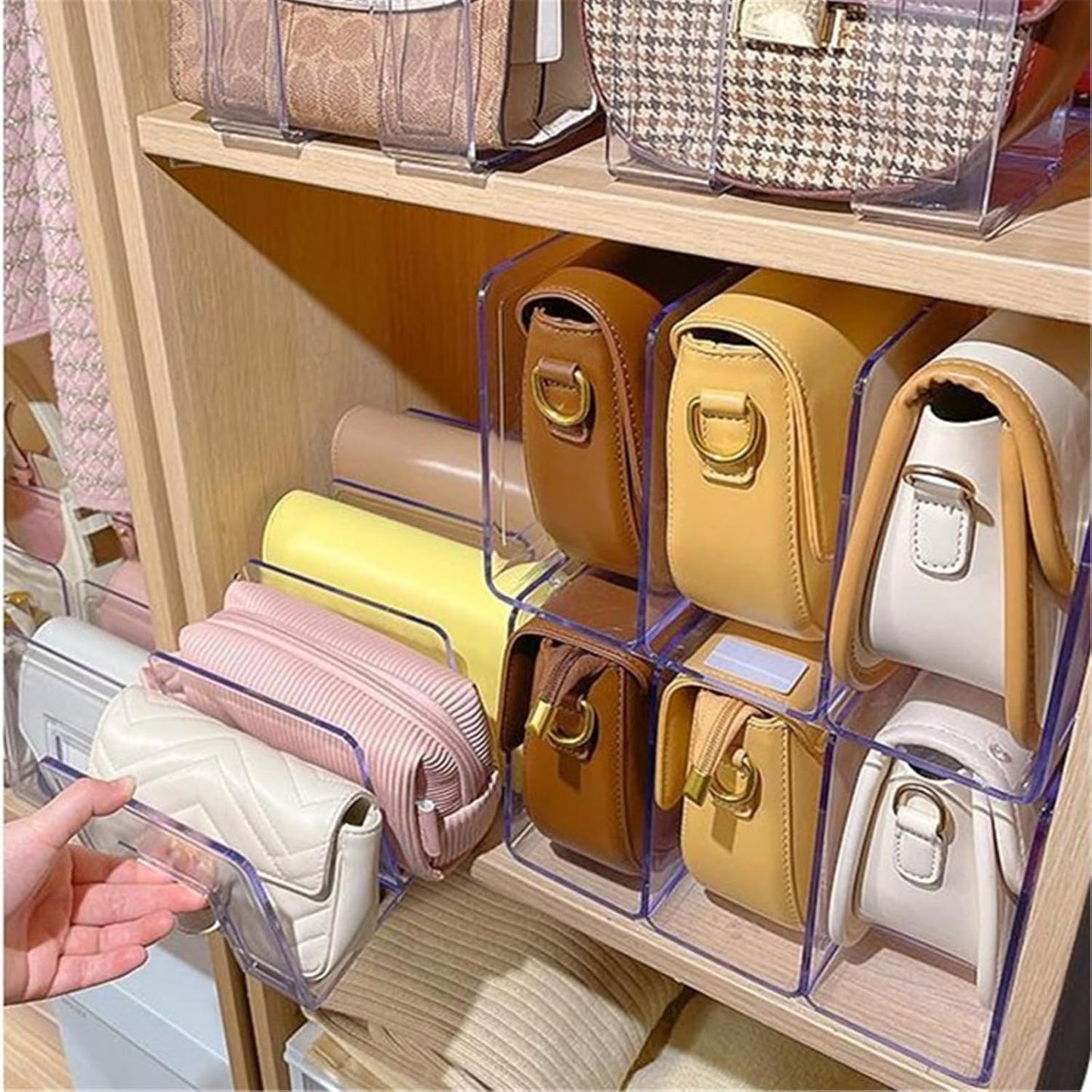 LUGUNU Acrylic Clear Purse Divider Organizer Clear Desk File Sorter Divider Mesh Folder Closet Shelf Storage Office Supplies Stand Holder Bookshelf (2 Pack of 3 Sections)