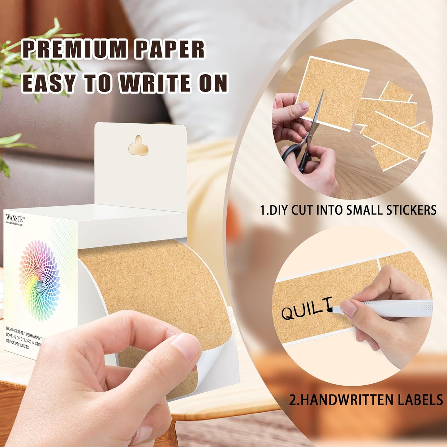 3 x 5 Inch 250Pcs Rectangle Color Coding Stickers,Strong Adhesion Easy to Write Label for Moving,Box Organization,Inventory,Business,Kraft Paper