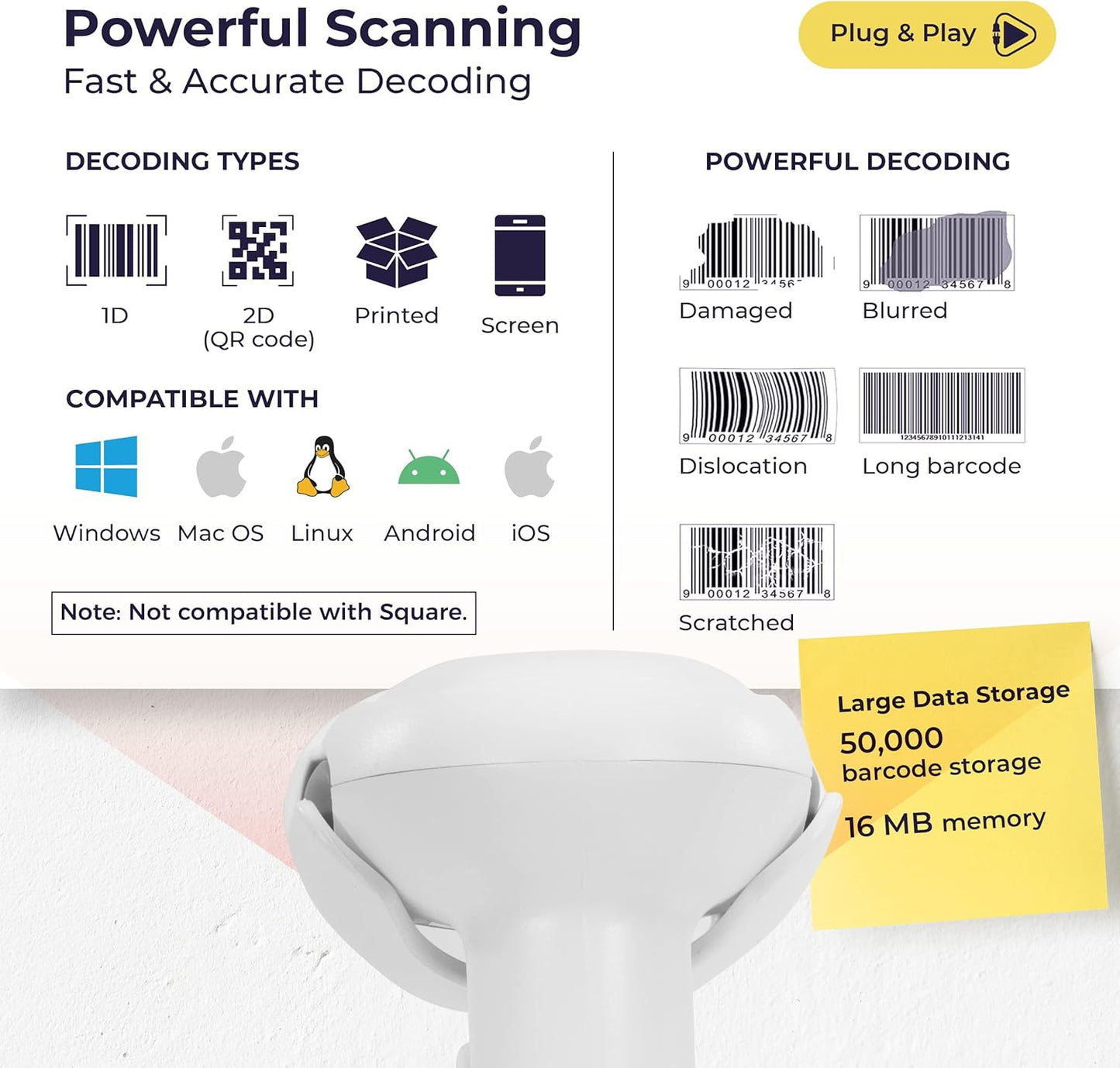 Volcora Wireless Bluetooth Barcode Scanner, QR Code Scanner, USB Portable Handheld Scanners w/Stand Connect w/Tablet/Phone/PC, 1D & 2D Inventory Scanner, Symbol Barcode Scanner for Retail & Warehouse