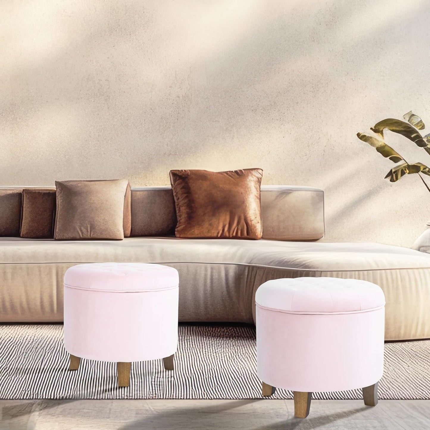 HomePop by Kinfine Fabric Upholstered Round Storage Ottoman - Velvet Button Tufted Ottoman with Removable Lid, Pink, Small