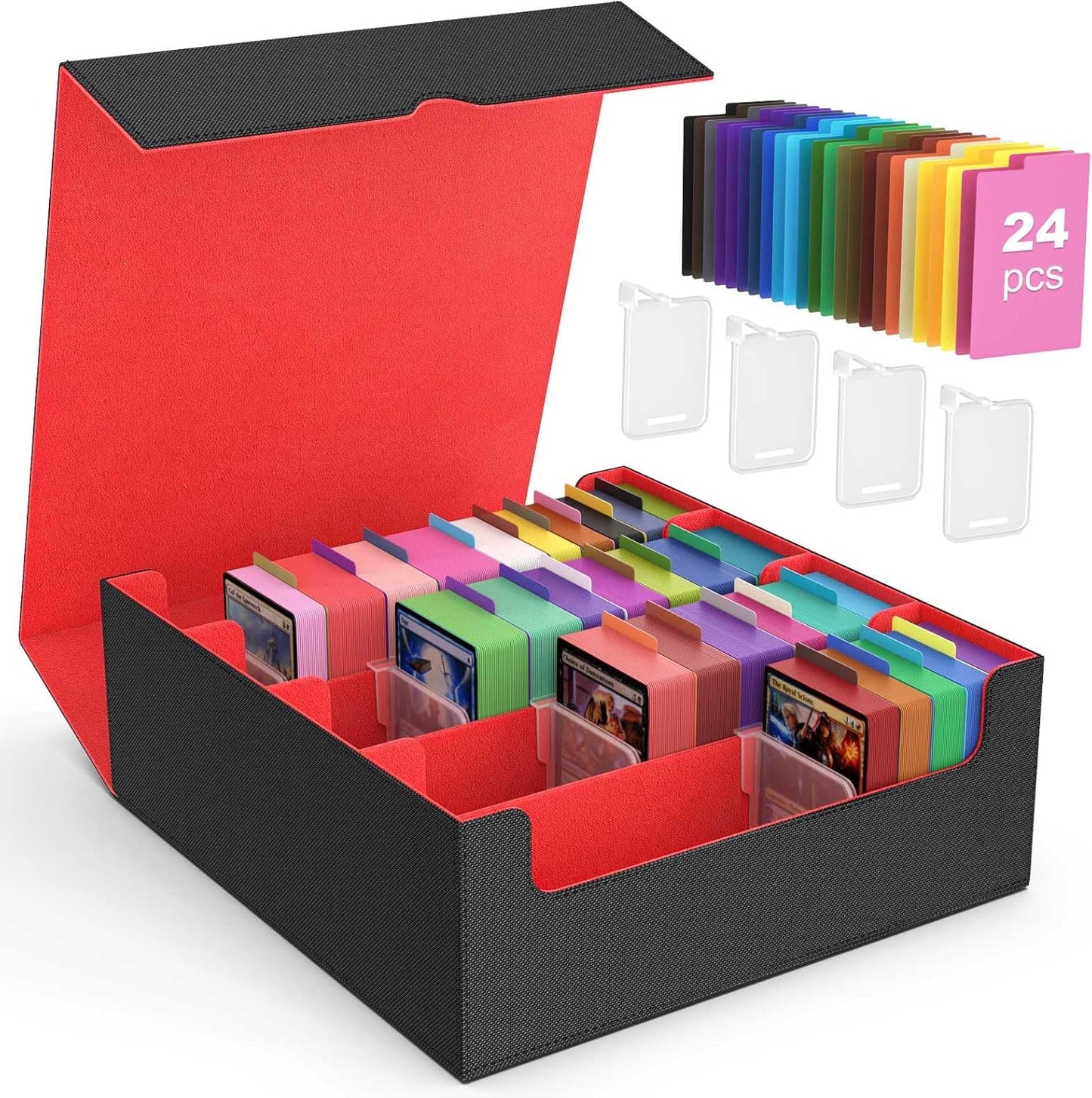 MoKo Trading Card Storage Box, 3000+ MTG Deck Box with 24 Colorful Dividers & 4 Card Supporters, Commander Card Deck Case Fits for Magic Game Cards, YugiOh, TCG, PTG and Sport Cards, Black Red