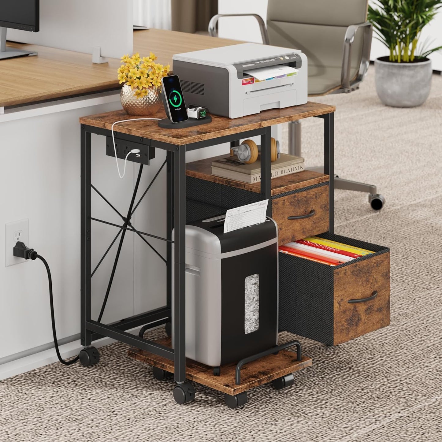 Printer Stand with Power Outlet/Fabric Drawers, Printer Cabinet with Storage Shelf and Rolling Shredder Stand, Printer Table for Home Office, 22.8"×15" Rustic Brown