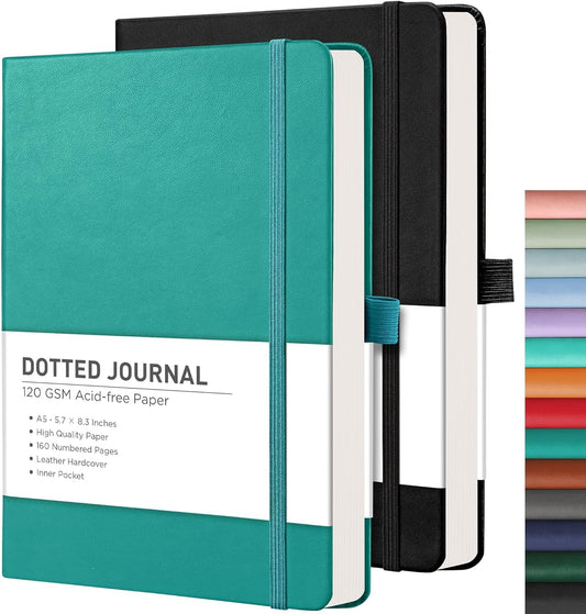 RETTACY Bullet Dotted Journal Notebook, 2-Pack, 160 Numbered Pages per Pack, A5 Medium Size (5.7'' x 8.3''), 120 GSM Thick Paper, Leather Hardcover, for Bullet Journaling (Black & Cyan)