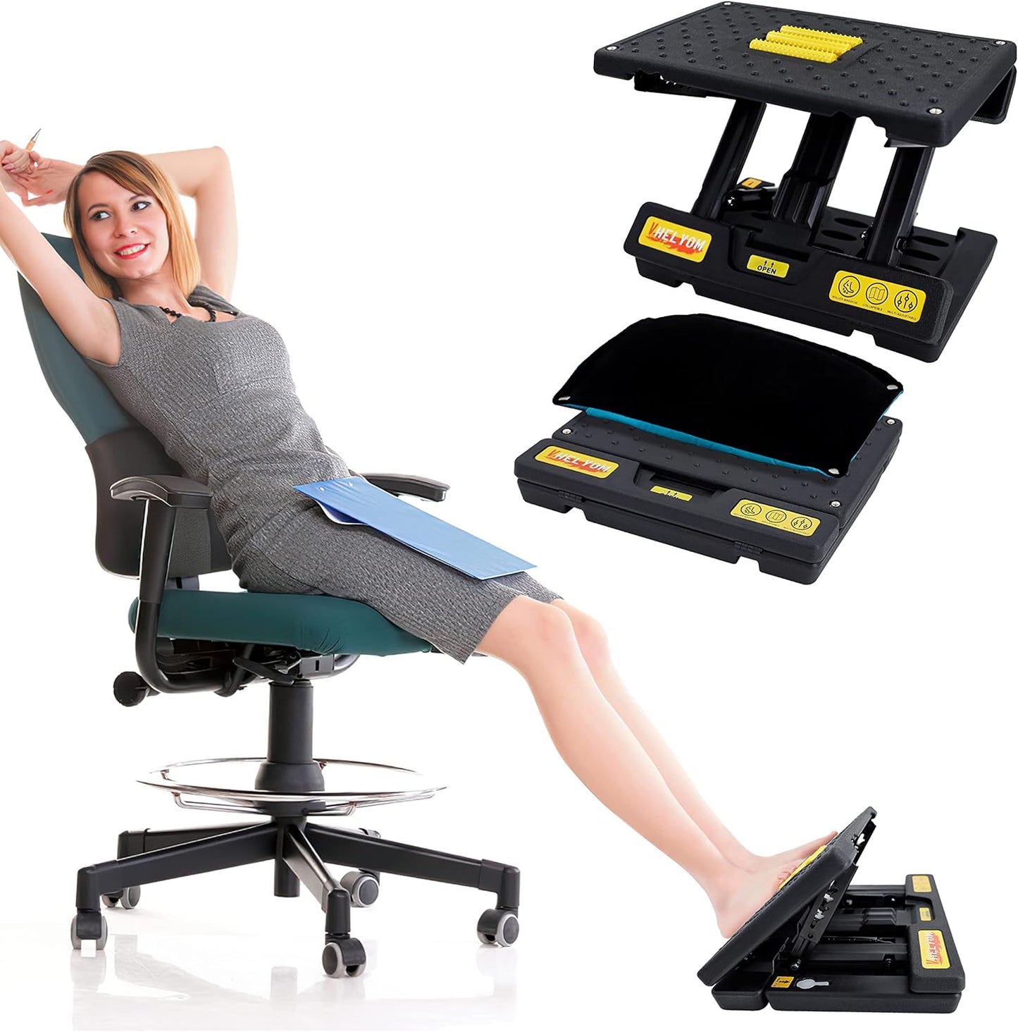 Footrest for Under Desk, Height Adjustable Footrest with Massage Roller and Thick Cushion, Foldable Ergonomic Foot Rest for Car, Office, Home, Train