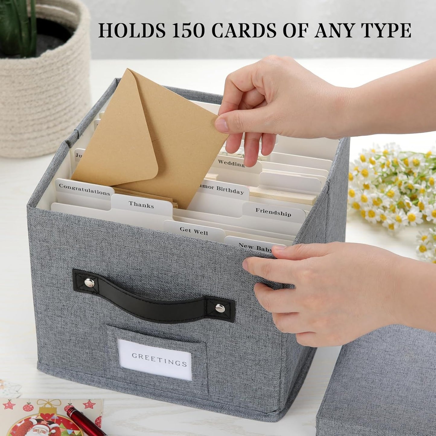 Greeting Card Organizer with dividers - Storage Box with lid Holds 150+ Cards - Assortment Box for Greeting Cards,Recipes, Photos, Envelopes, Keepsake - 9 x 9 x 7 Inches (Gray, 1 pcs)