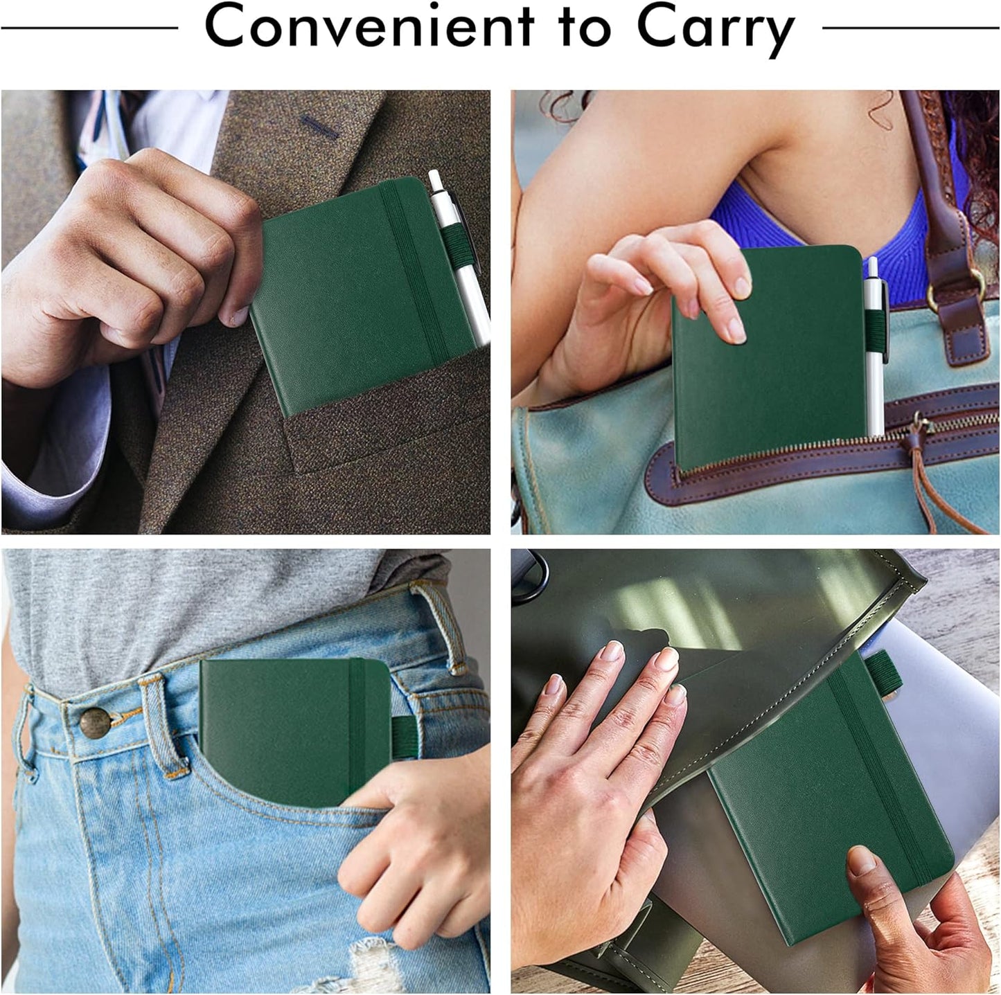 feela 6 Pack Pocket Mini Notebooks Bulk, Small Cute Memo Notepads Hardcover College Ruled Lined Journals with Pen Holder for School Business Work, with 6 Black Pens, 3.5”x 5.5”, A6, Dark Green