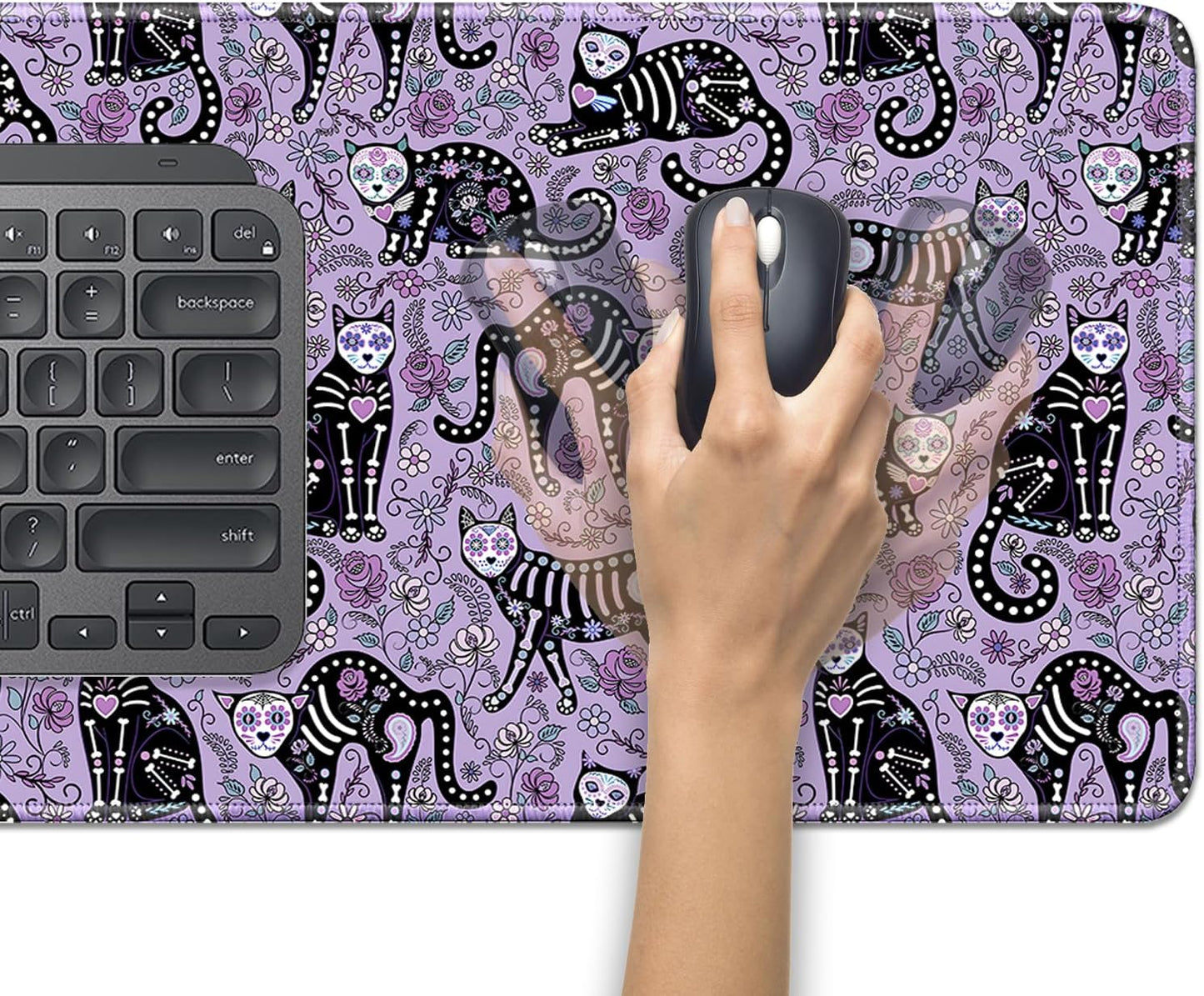 Gothic Cat Skeleton Flowers Mouse Pad,Extended Cat and Floral Mousepad Desk Pad with Stitched Edges,Non-Slip Waterproof Rubber Base Mouse Mat for Office Computer Keyboard Laptop Home(27.5x11.8 in)