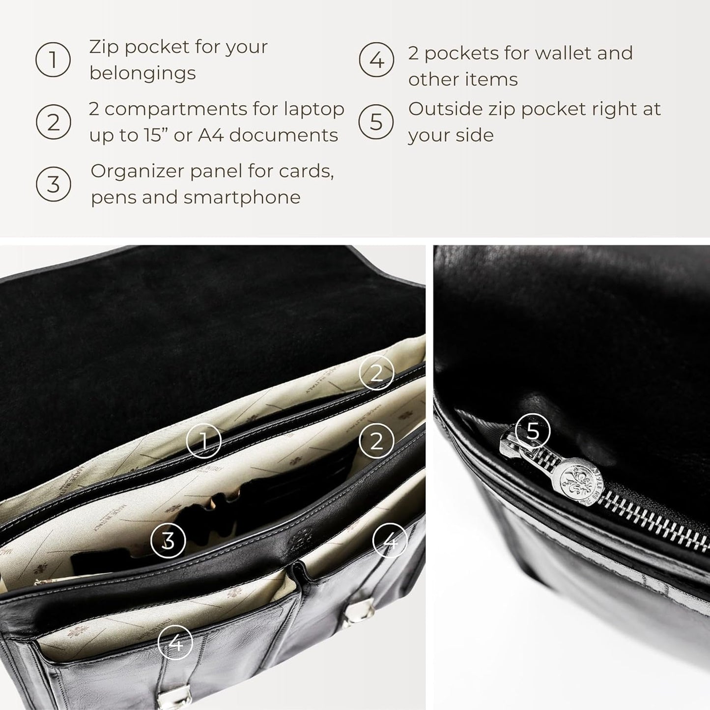 Time Resistance Leather Briefcase for Men Handcrafted in Italy Full Grain Messenger Bag for Laptop