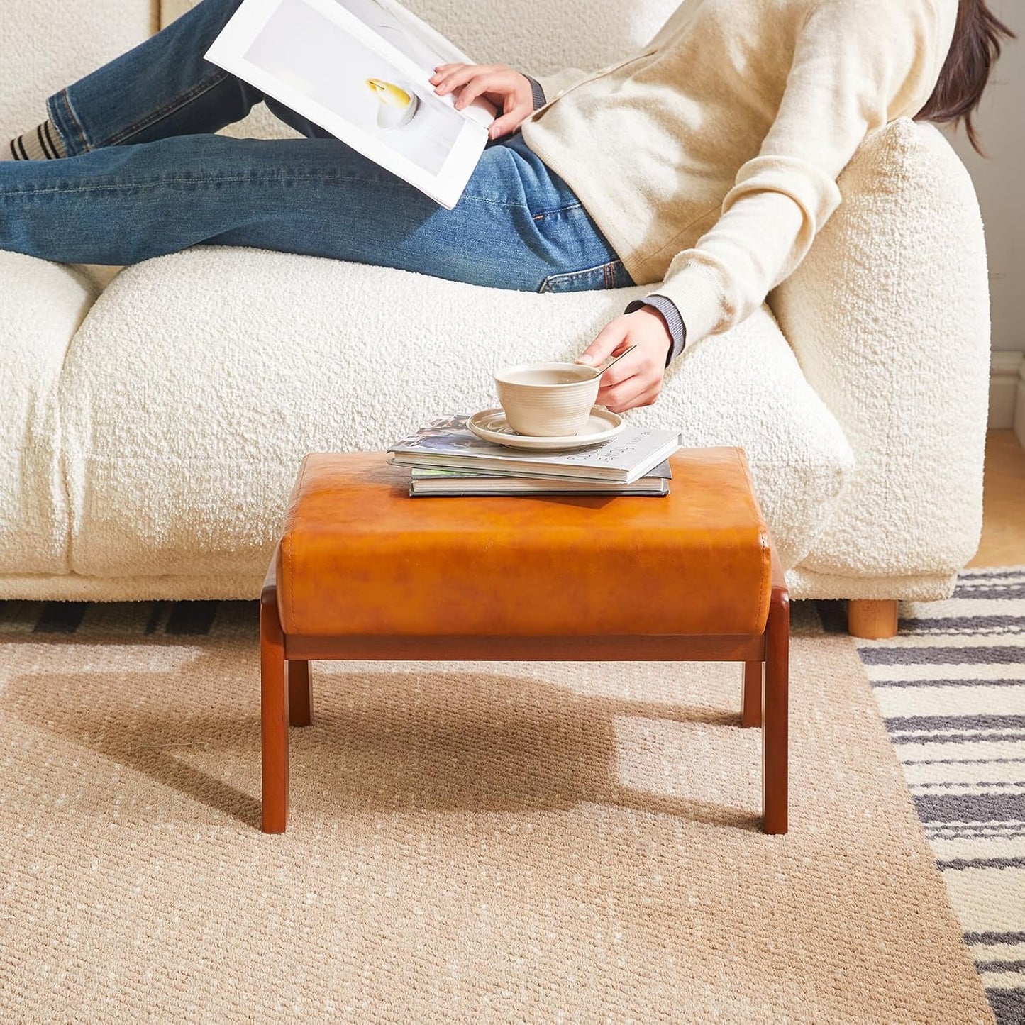 IBUYKE 10.2” H Small Foot Stool Ottoman, Rectangle PU Faux Leather Foot Rest with Padded Seat and Wood Legs, Modern Ottoman Foot Rest for Living Room Bedroom Couch Office, Yellowish-Brown WBD013J