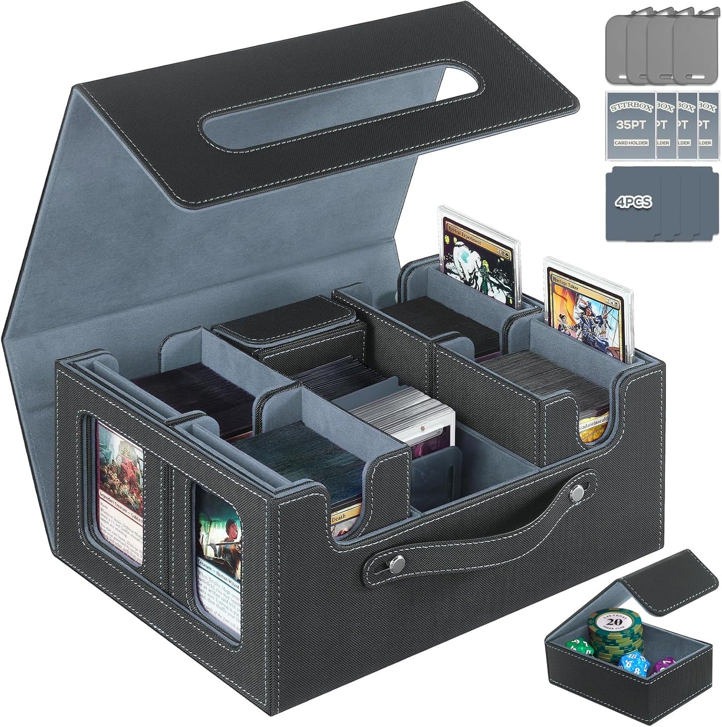 Trading Card Storage Box for MTG, card storage box with Commander Display，Multi-purpose Deck Case for MTG TCG Sports Card, 4 Toploaders, 4 Stoppers, 4 Colorful Dividers (Black & Grey)