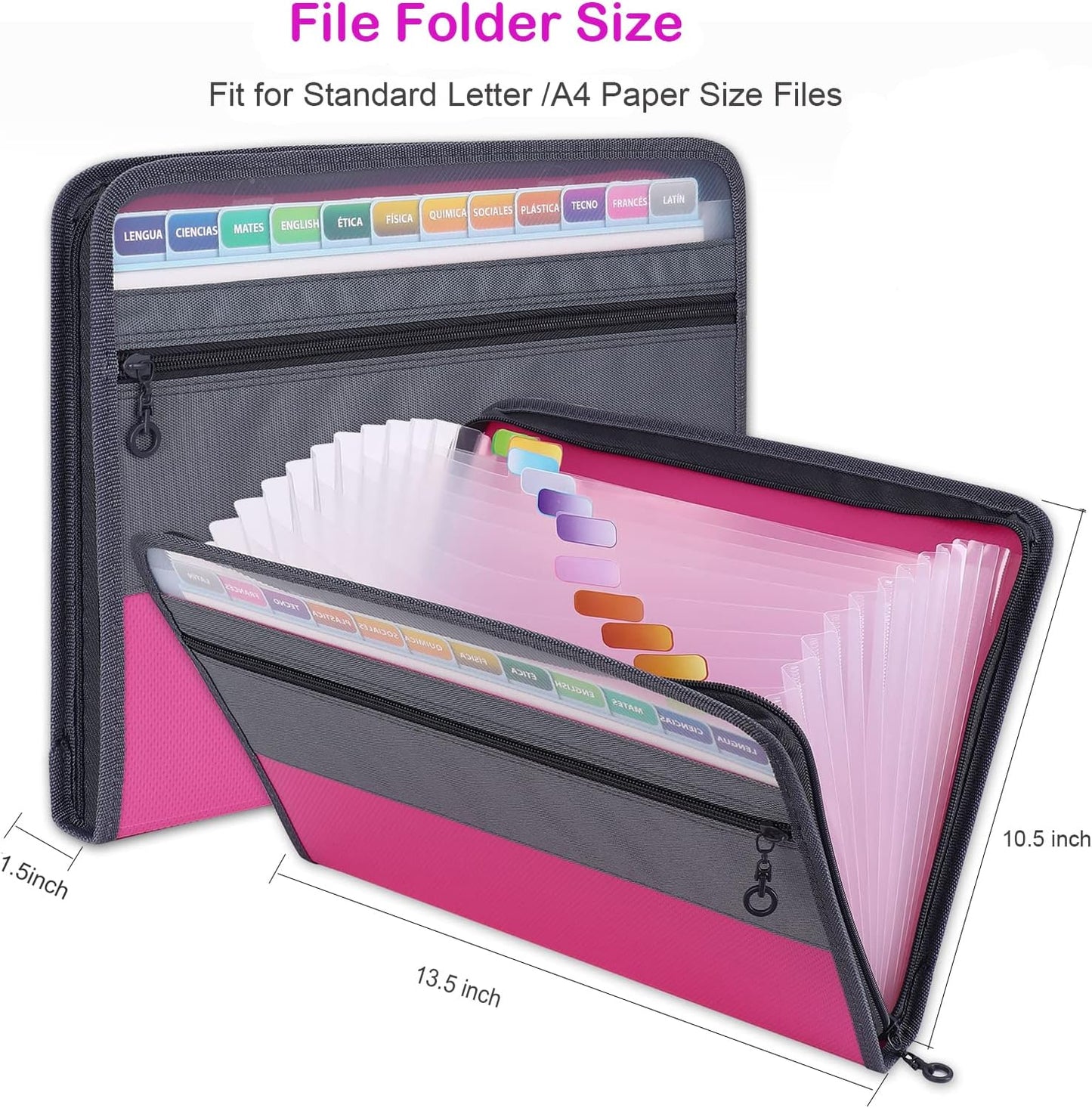 MEGREZ Expanding File Folder with 13 Pockets, A4 Paper File Folder with Zipper Color Labels, Waterproof Accordion File Folder Organizer for Home Office, Pink