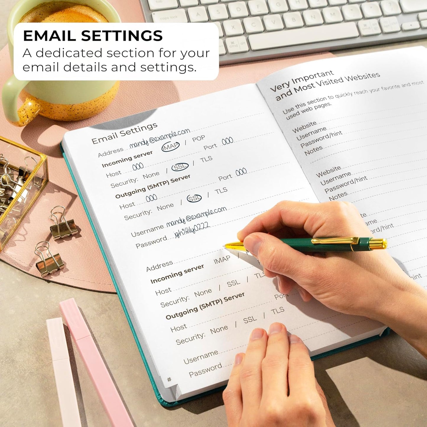 Clever Fox Password Book with alphabetical tabs. Internet Address Organizer Logbook. Large Password Keeper for Website Logins (Aquamarine)