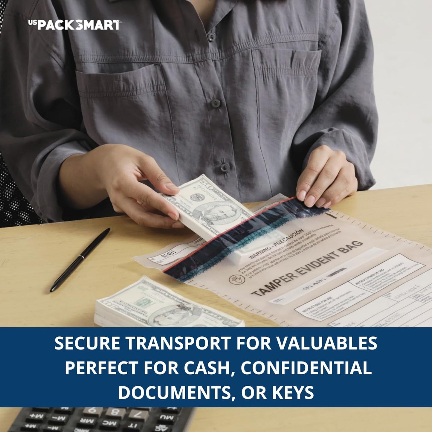 10”x13" Clear Plastic Deposit Bags with Security Tape Tamper Evident - Secure Bank Deposits, Cash Handling, & Currency Transport | Self-Sealing Tape with Hidden Graphics | 100-Pack