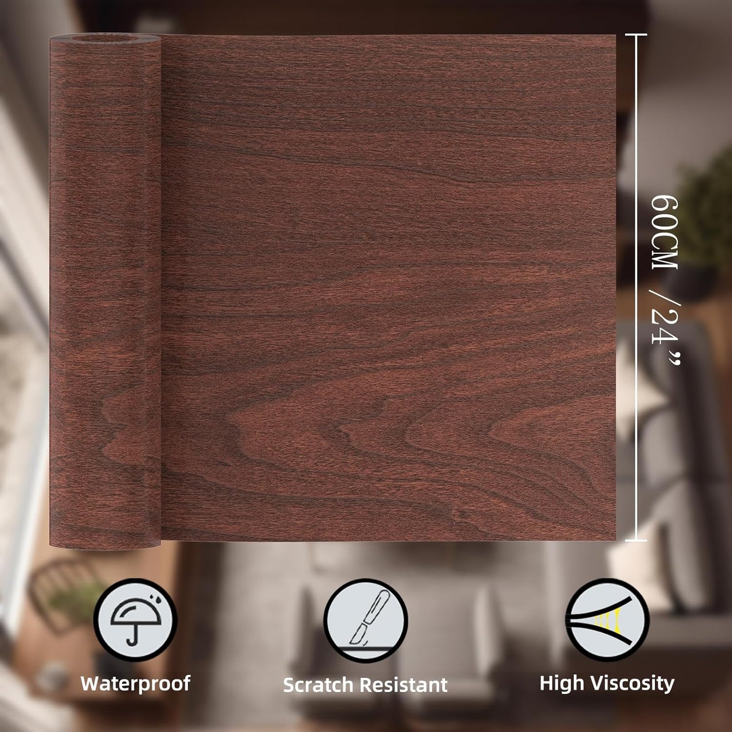 GSCIT Club Cherry Wallpaper, 24 inch X 25ft Self Adhesive Wood Grain Repair Tape Patch for Tables, Chairs, Baseboards, Doors, Windows, Floors, Handicraft DIY.