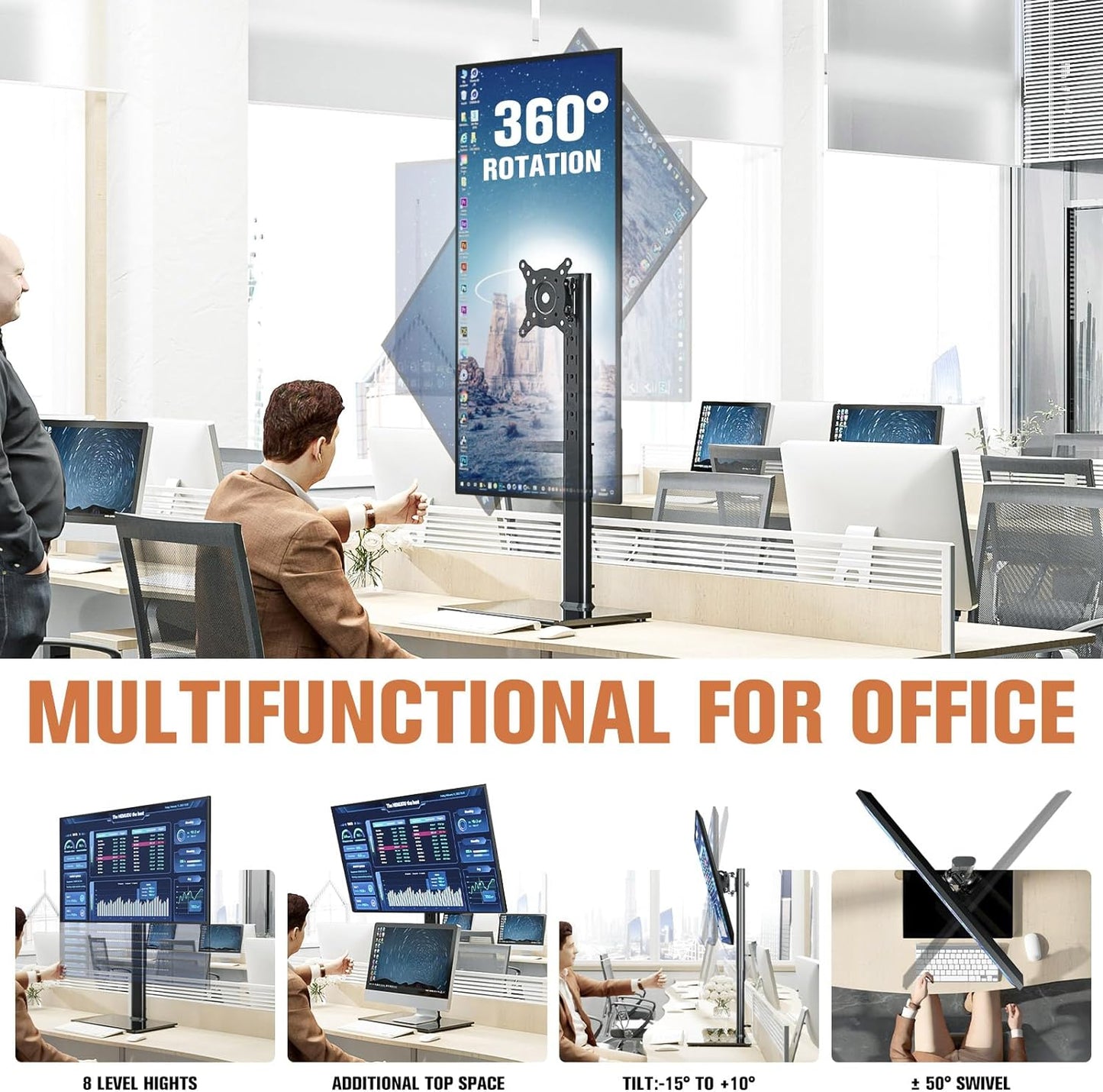 Single Monitor Stand Freestanding 27-43 Inch Monitor Arm Curved Screen Monitor Mount Tempered Glass Base Adjustable Motion Tilt -15° to 10° Swivel ±45° Rotation 360° Weight Capacity 77lbs HT05B-003