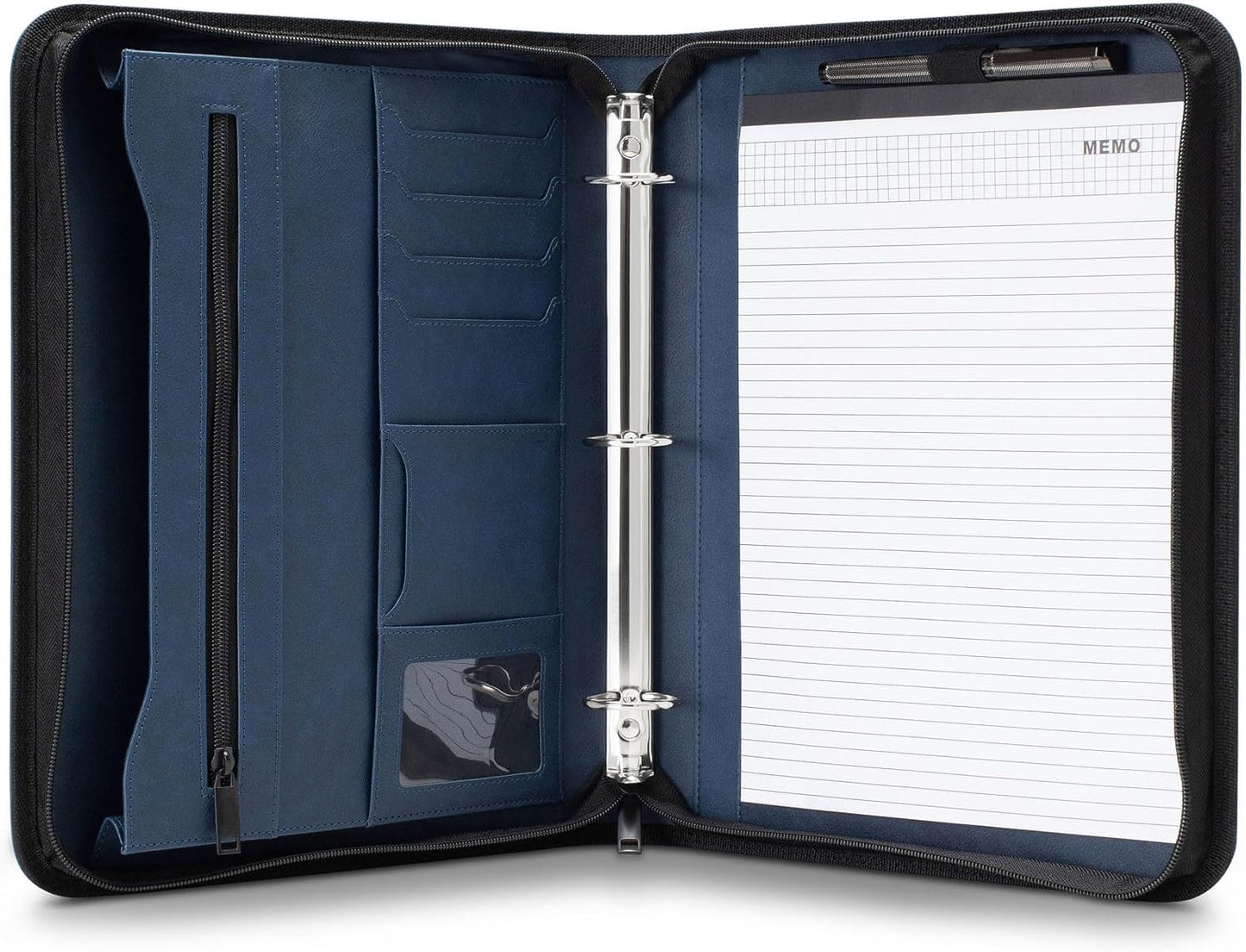 Portfolio Organizer - 3 Ring Binder with Notepad - 1.5 Inch Rings - Zippered Storage Pockets for Papers, Travel Documents, Presentation Folder, Cards, Passport, Tickets - Blue