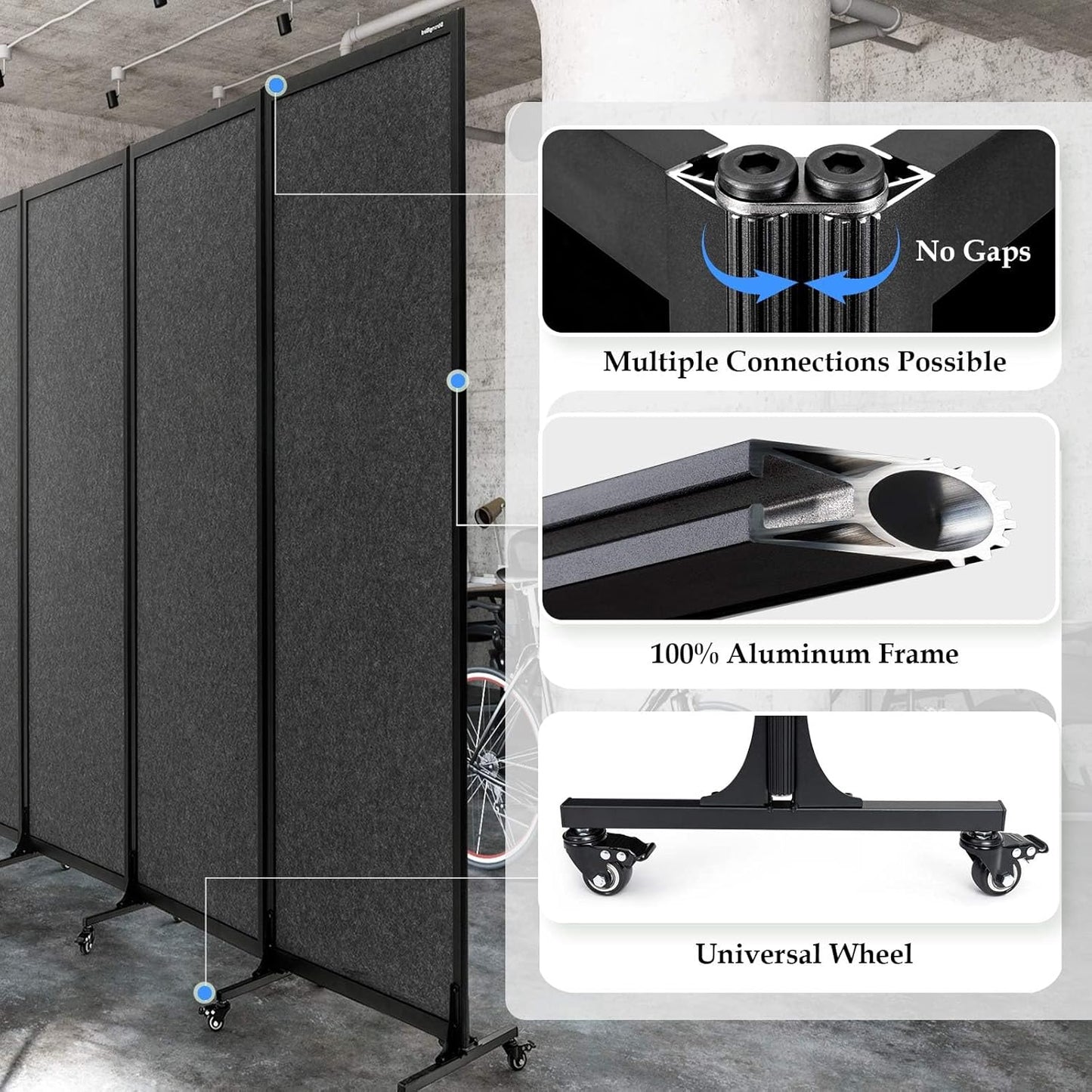 Upgrade Version Room Partition and Divider, Freestanding Rolling Dividers with Wheels,Office Privacy Screen Divider Wall,Classroom Felt Dividers,12'2"L* 6'7"H,6 Panel，Dark Grey