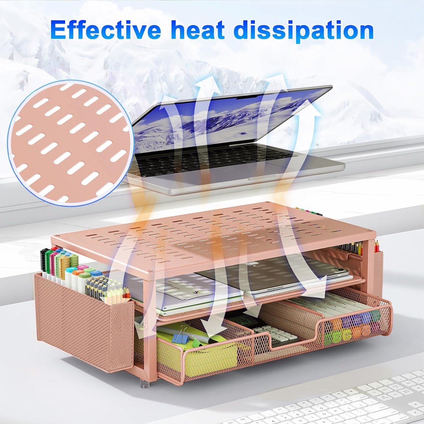 gianotter Desk Organizers and Accessories, Monitor Stand with Drawer and 2 Pen Holder, Desktop Organizer Suitable for Offices and Dormitories (Rose Gold)