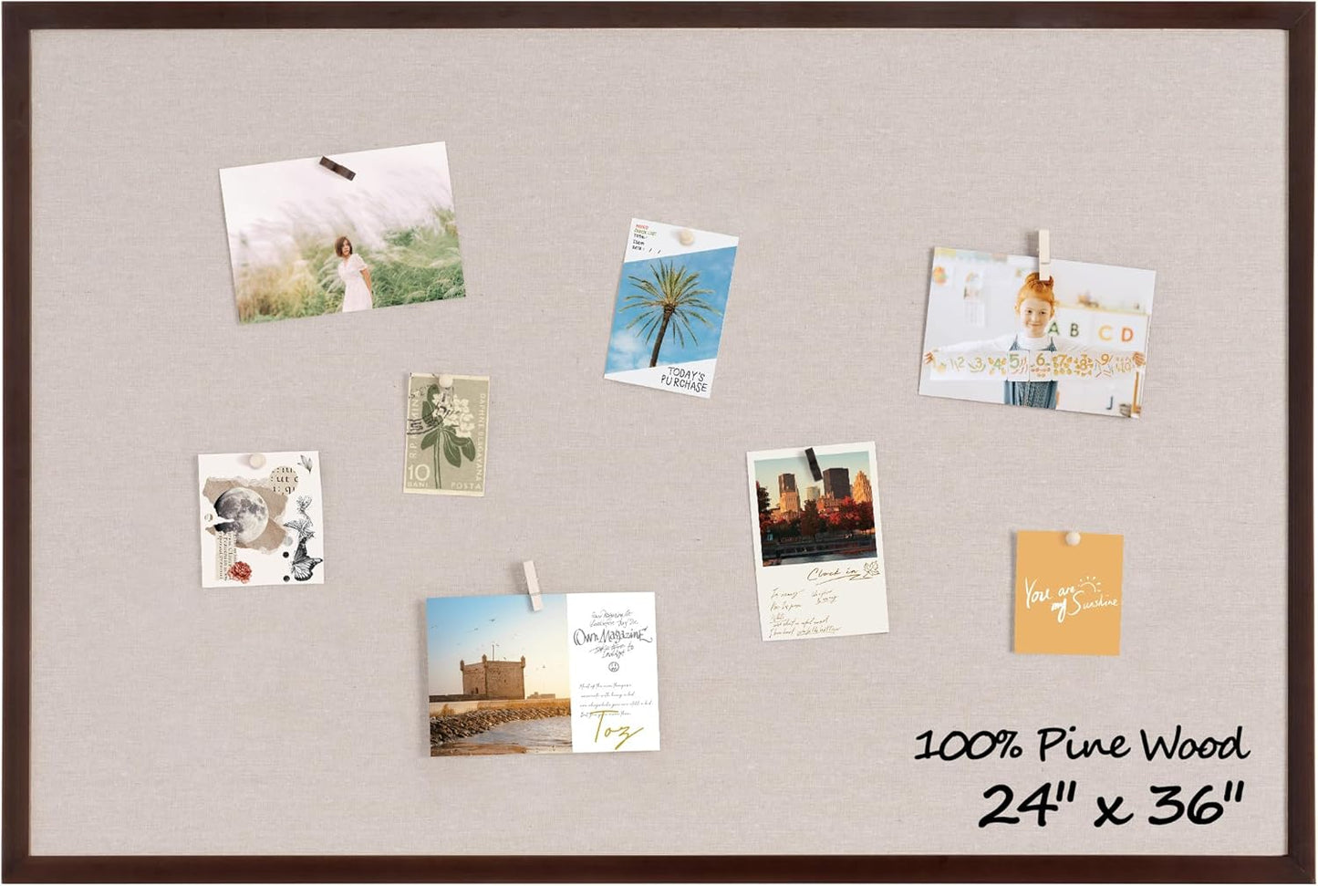 Fun Memories Cork Board Bulletin Board for Office, 24" x 36" Pine Wooden Framed Corkboard, Wall Mounted Notice Pin Board for School Home & Office, Dark Walnut