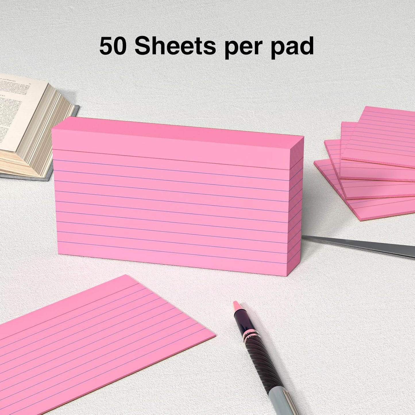250 Count Index Cards 3x5 Inch 180gsm, Heavy Weight Pink Color Flash Card (50 Sheets Each), Note Taking for Students, Teachers, Professionals, Study Note Cards for Office Home School
