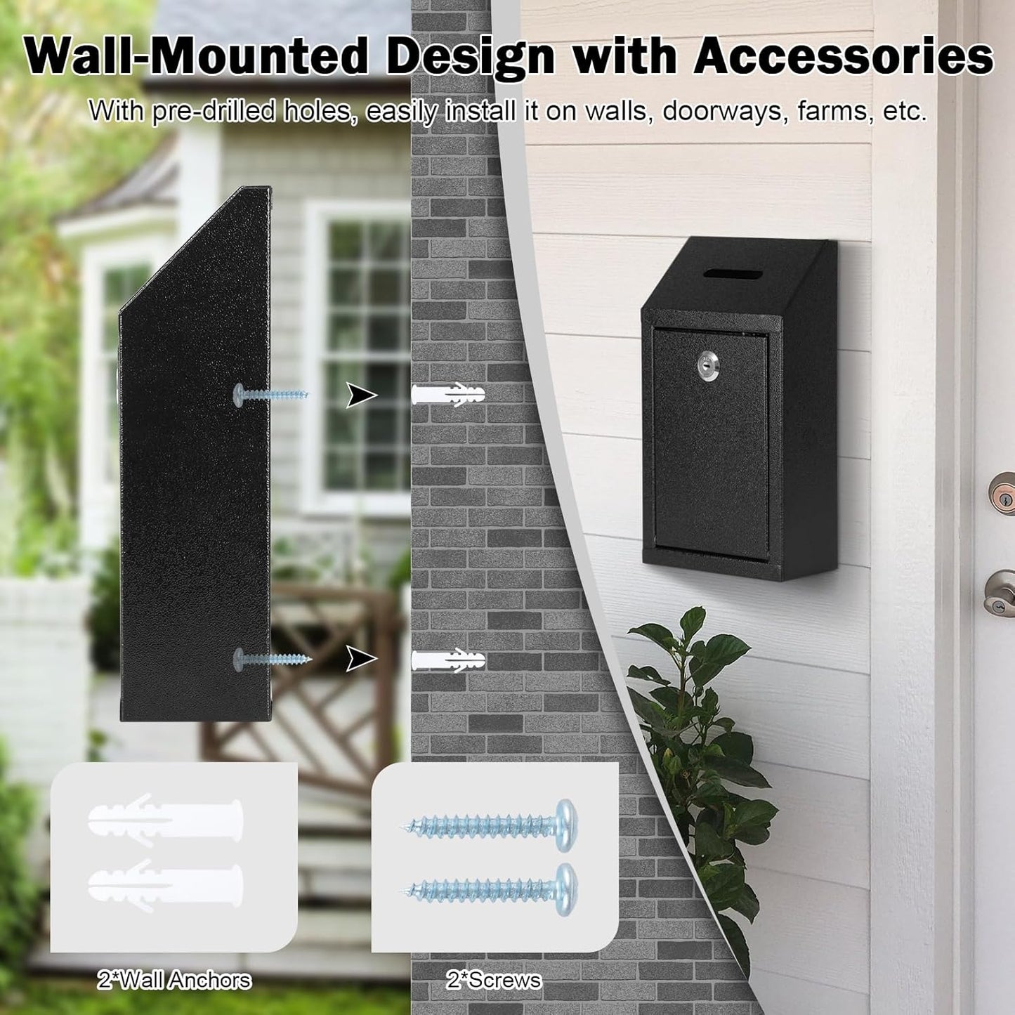 KYODOLED Money Cash Drop Box Wall Mount with Key, Metal Donation and Suggestion Box with Slot and Lock for Home, Farm or Office, Black, 10.24 x 5.7 x 2.95 Inch