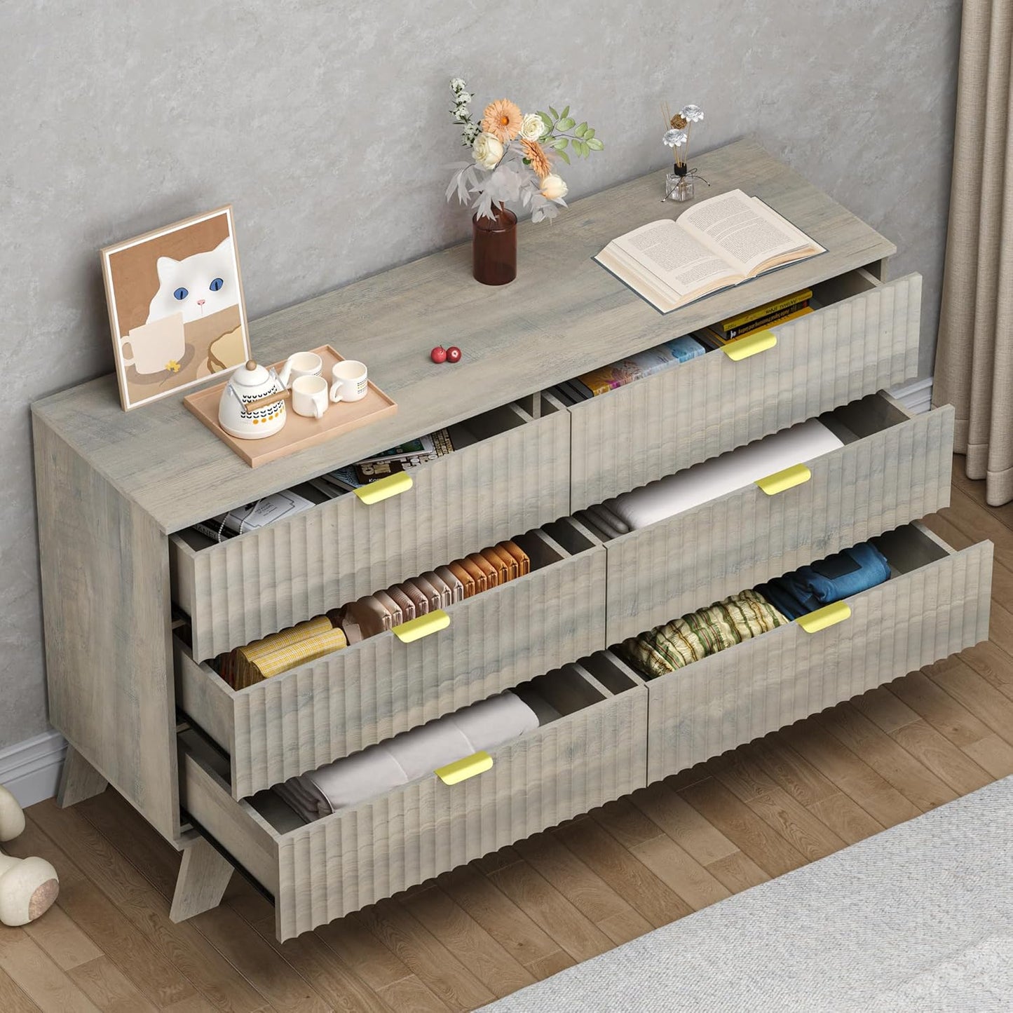 Fluted 6 Drawer Dresser, 47.2" Wide Modern Boho Chest of Drawers, Wooden Storage Dresser TV Stand for Bedroom, Living Room, Closet, Hallway, Curved Profile Design