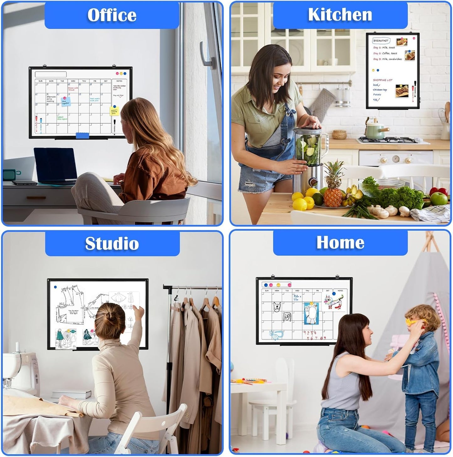 Monthly Calendar Dry Erase Whiteboard, 30" x 20" Magnetic Calendar White Board, Double-Sided Portable Board with Black Aluminium Frame for Office, Kitchen, School, Home