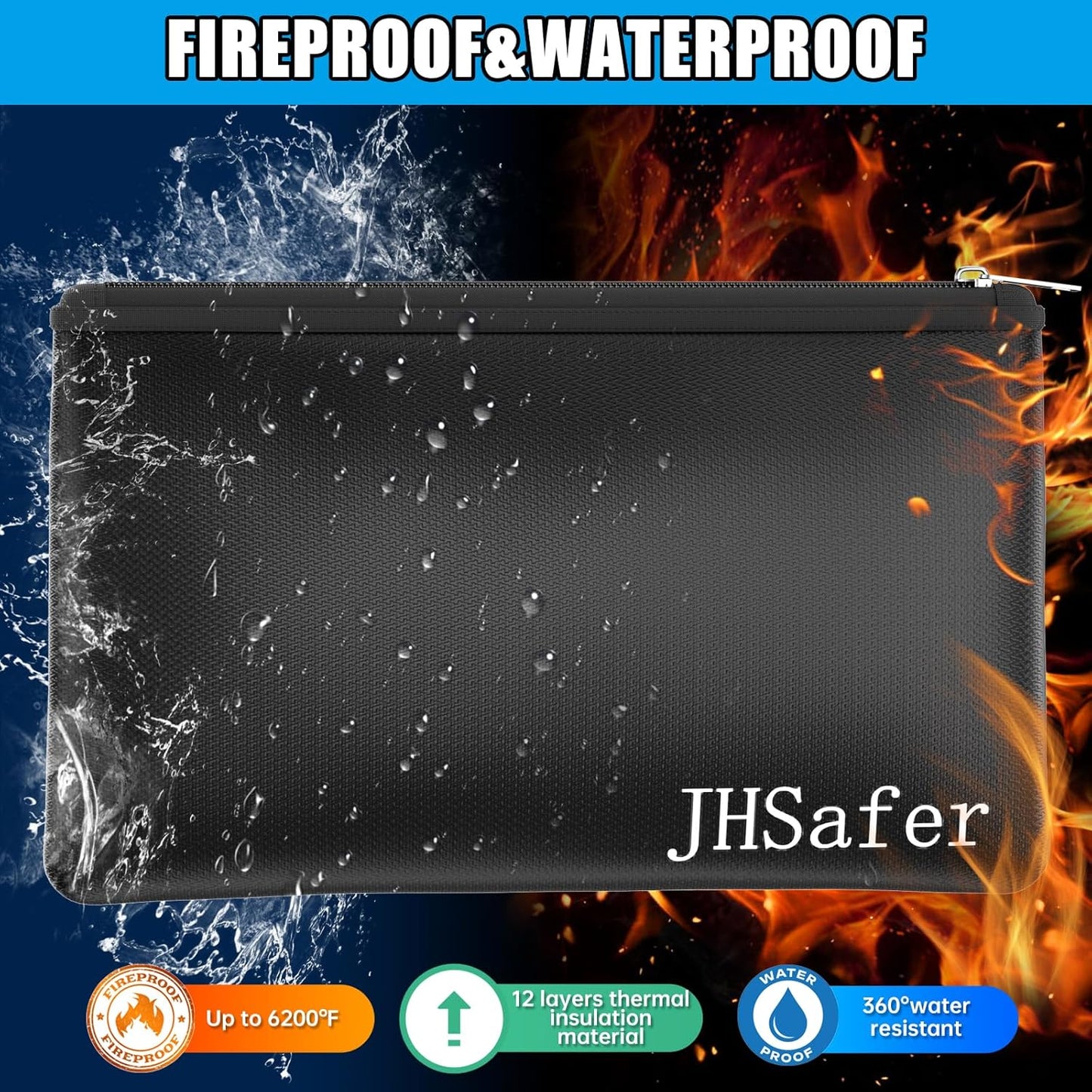 6400℉ Fireproof and Waterproof Money Bags 2pcs with Zipper,11''x6.3'' Fireproof Cash Bag with Zipper,Fireproof Wallet Envelope Safe Pouch Fireproof Bags for Cash Passports Keys Jewellery(Black)