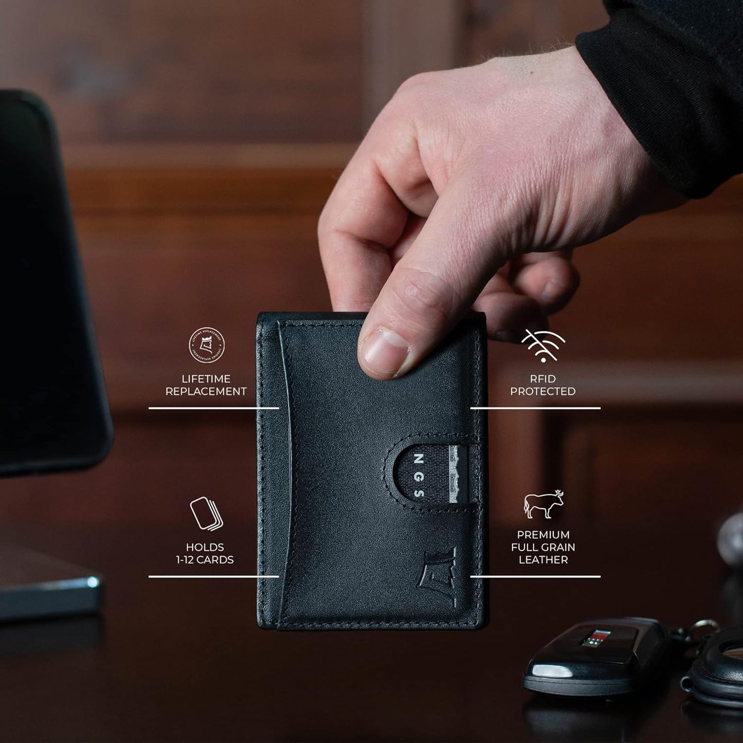 Kings Loot Money Clip Slim Minimalist Wallet for Men – RFID Blocking Leather Design with Money Clip – Front Pocket Bifold Holds 12 Cards – Stylish & Compact Wallets (Black/Premium Engraved)