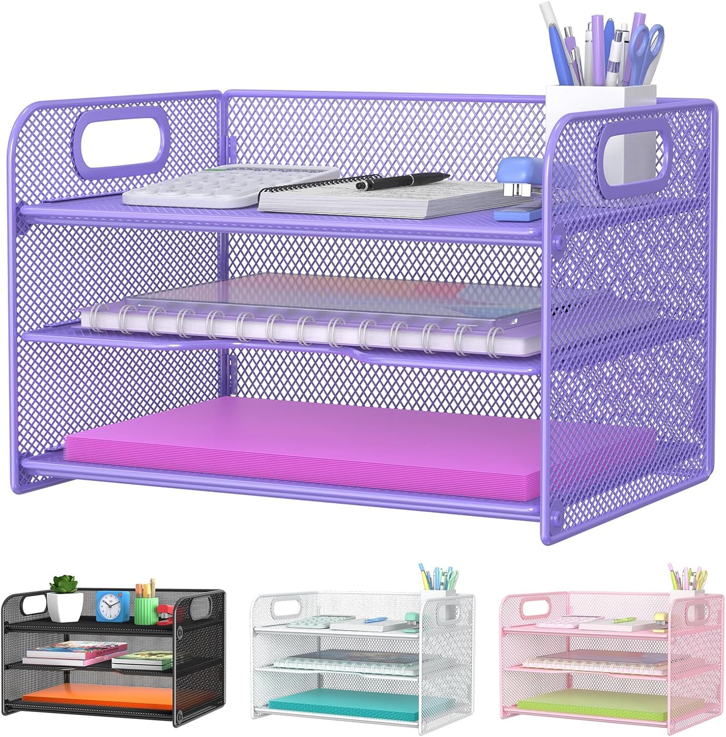 Samstar 3 Tier Purple Letter Tray Paper Organizer with Handle, Mesh Desk Organizer Paper Sorter File Rack Shelves, Purple