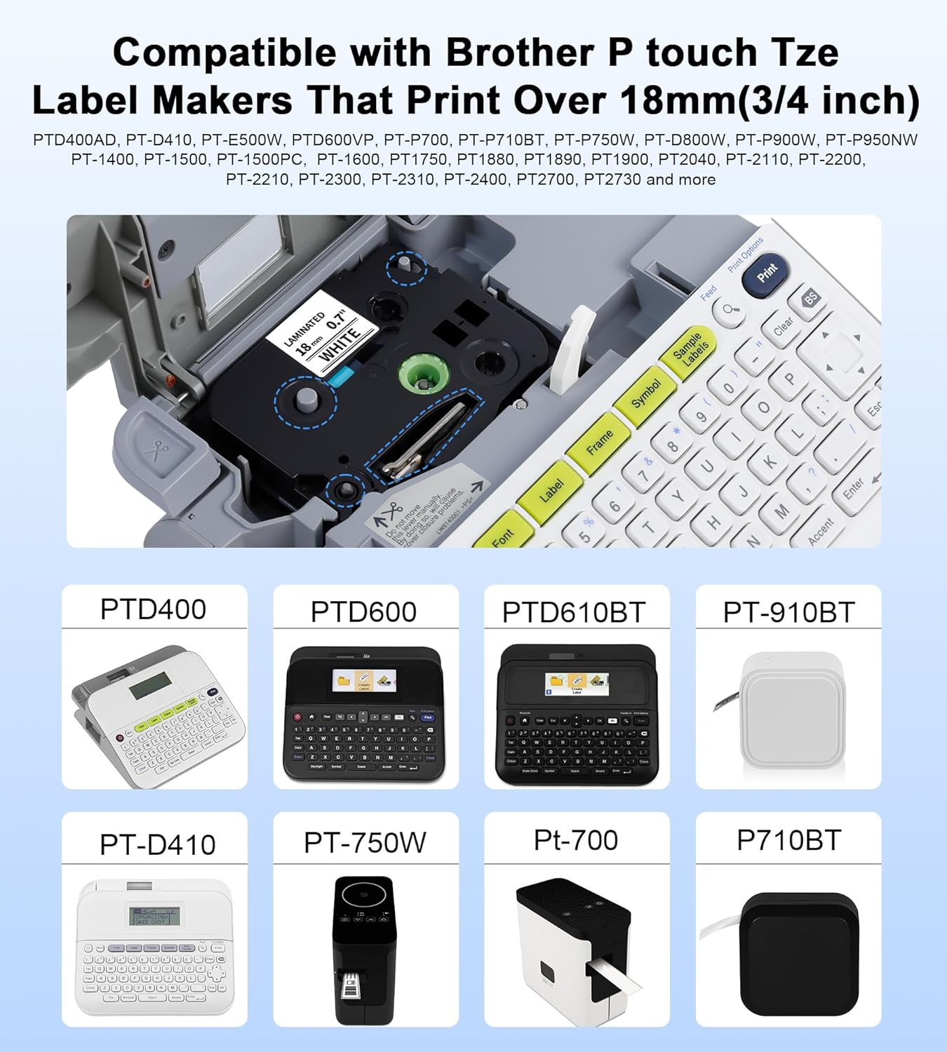 TZe Tz 18mm 0.7’’ Laminated Label Tape Color Replace for Brother Label Maker Tape 18mm 3/4'' White/Red/Yellow/Blue/Green P Touch Tape Work for PT-D400, PT-D600, PT-D410, PT-D610BT, 5-Pack