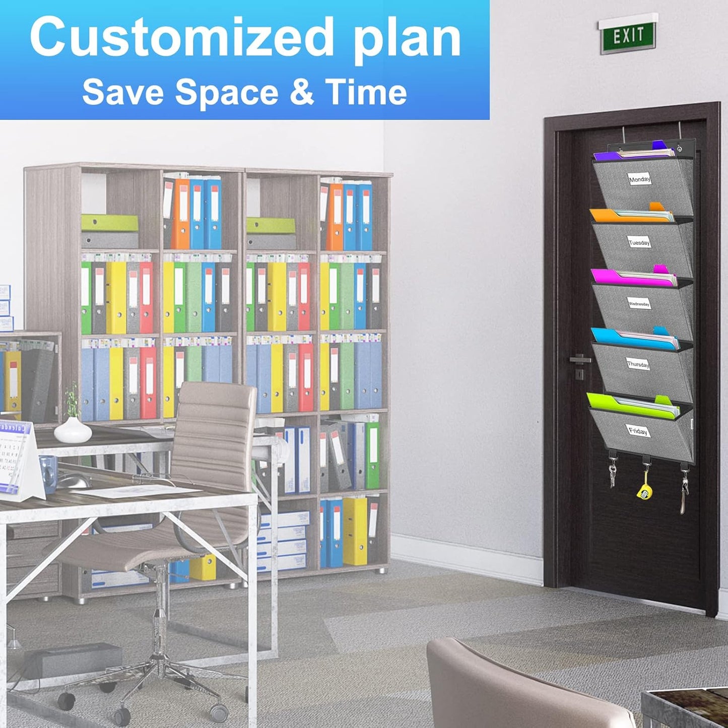 Over the Door File Organizer, Hanging File Folders, Wall Organizers and Storage for Mail, Magazine, Notebooks, Planners, Office, Classroom, 5 Extra Large Pockets, 50.39” Tall (Grey with Herringbone)
