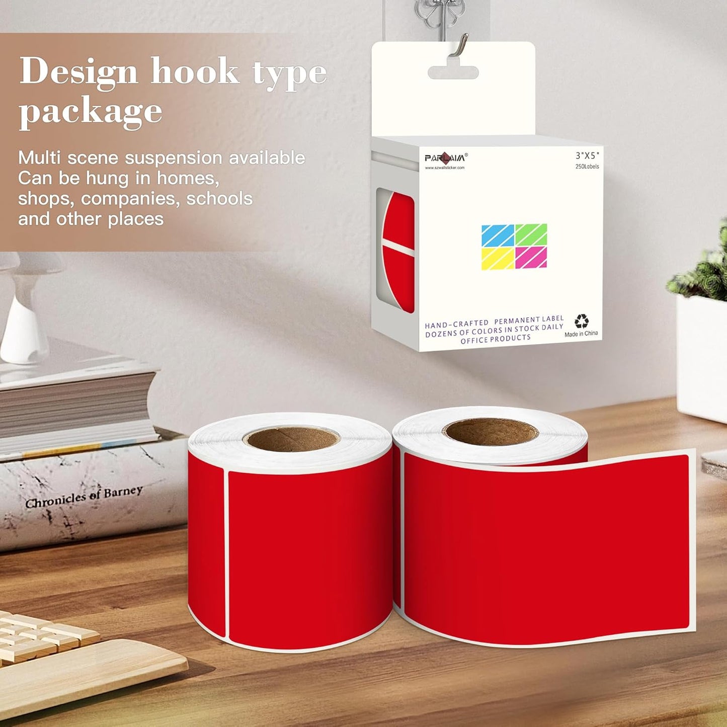 PARLAIM 3x5 inch Rectangle Color Code Stickers, 1000PCS 4 Rolls Square Adhesive Inventory Label, Red