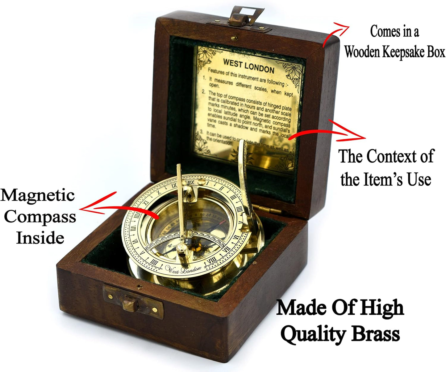 SARA NAUTICAL Antique Brass Sundial Compass, Sundial Clock in Box Gift Sun Clock Ship Replica Watch,Ship Decorations