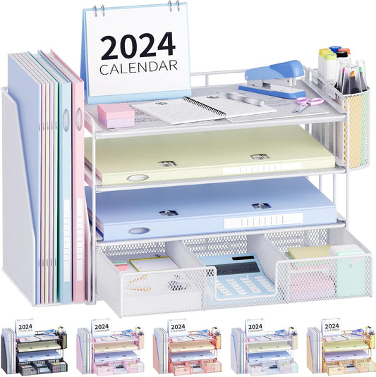 Desk Organizer and Accessories, 4-Tier Desktop File Organizer with Drawer and 2 Pen Holders, Office Desk Accessories for Office Supplies(White)