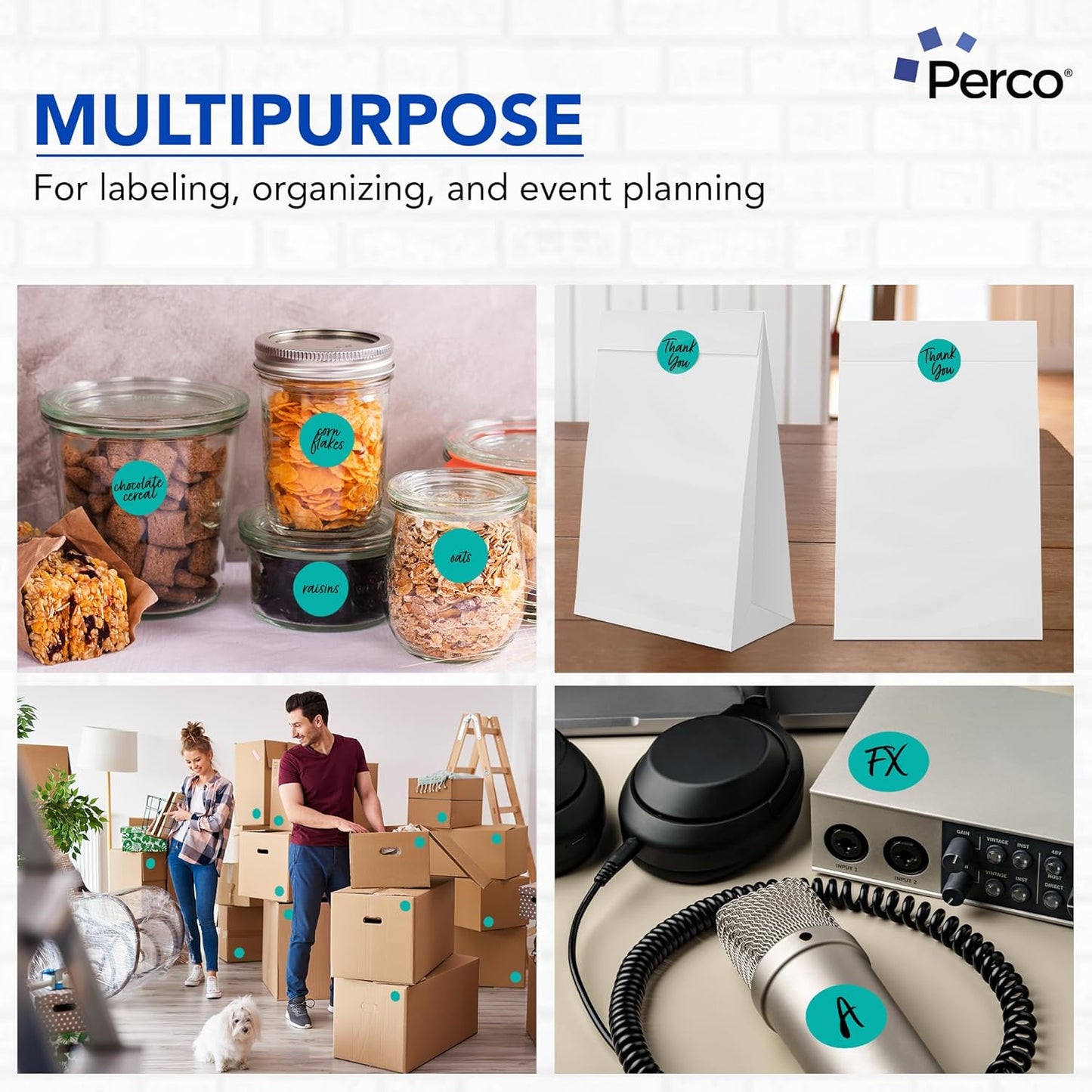 Perco Teal 2-Inch Perforated Circle Dot Sticker Labels — 10 Rolls, 5,000 Round Stickers — with Permanent Adhesive for Organizing, Color Coding, Bin Labeling, Packaging Alerts—Made in USA