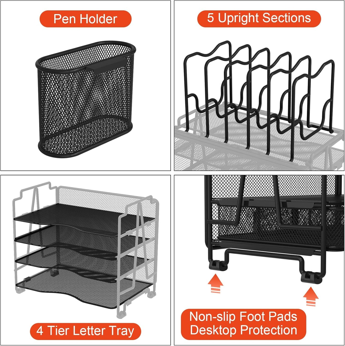 Mesh Desk Organizer, 3-IN-1 Desktop Organizer with 4 Tier Tray and 5 Upright Sections, File Organizer for Desk with Sliding Drawer, Black